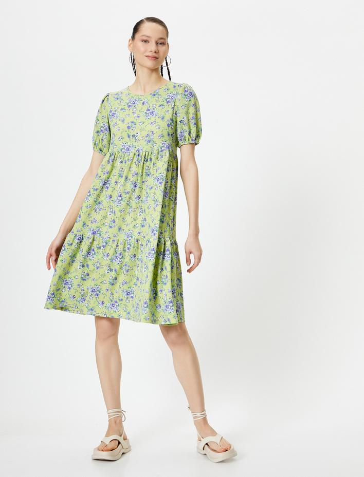  Balon Kol Çiçekli Elbise Midi Boy Rahat Kalıp Bisiklet Yaka Dokulu Bürümcük