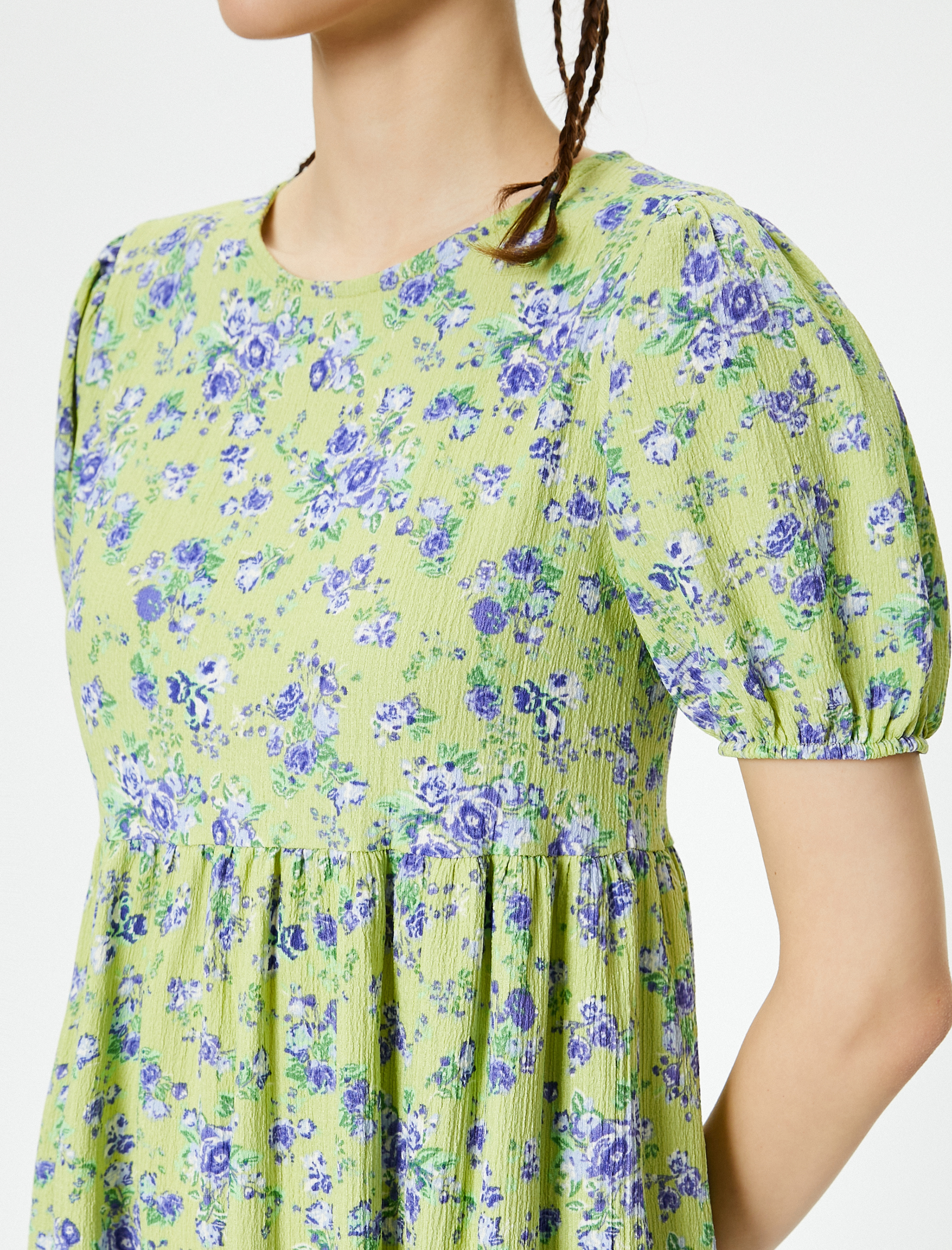   Balon Kol Çiçekli Elbise Midi Boy Rahat Kalıp Bisiklet Yaka Dokulu Bürümcük