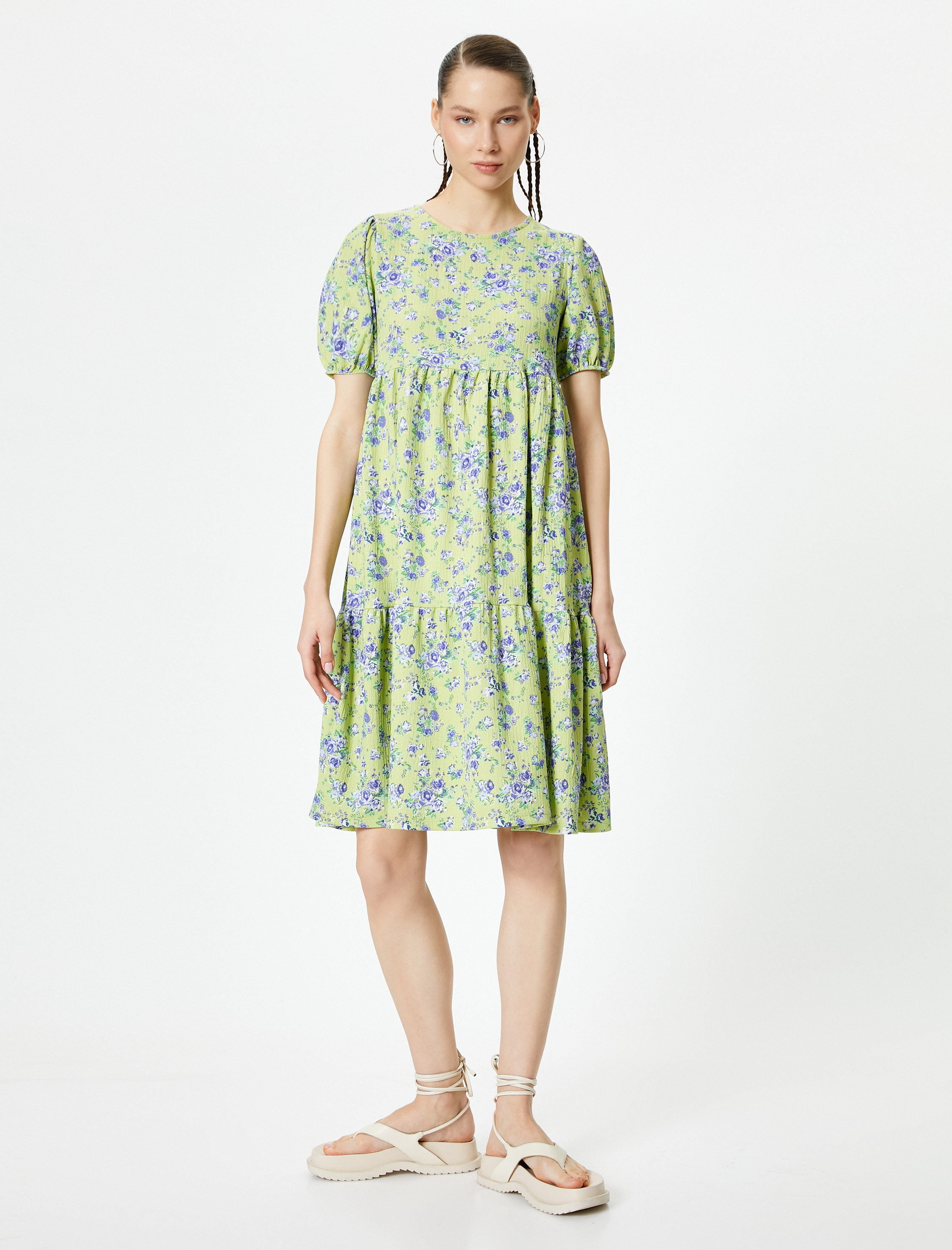   Balon Kol Çiçekli Elbise Midi Boy Rahat Kalıp Bisiklet Yaka Dokulu Bürümcük