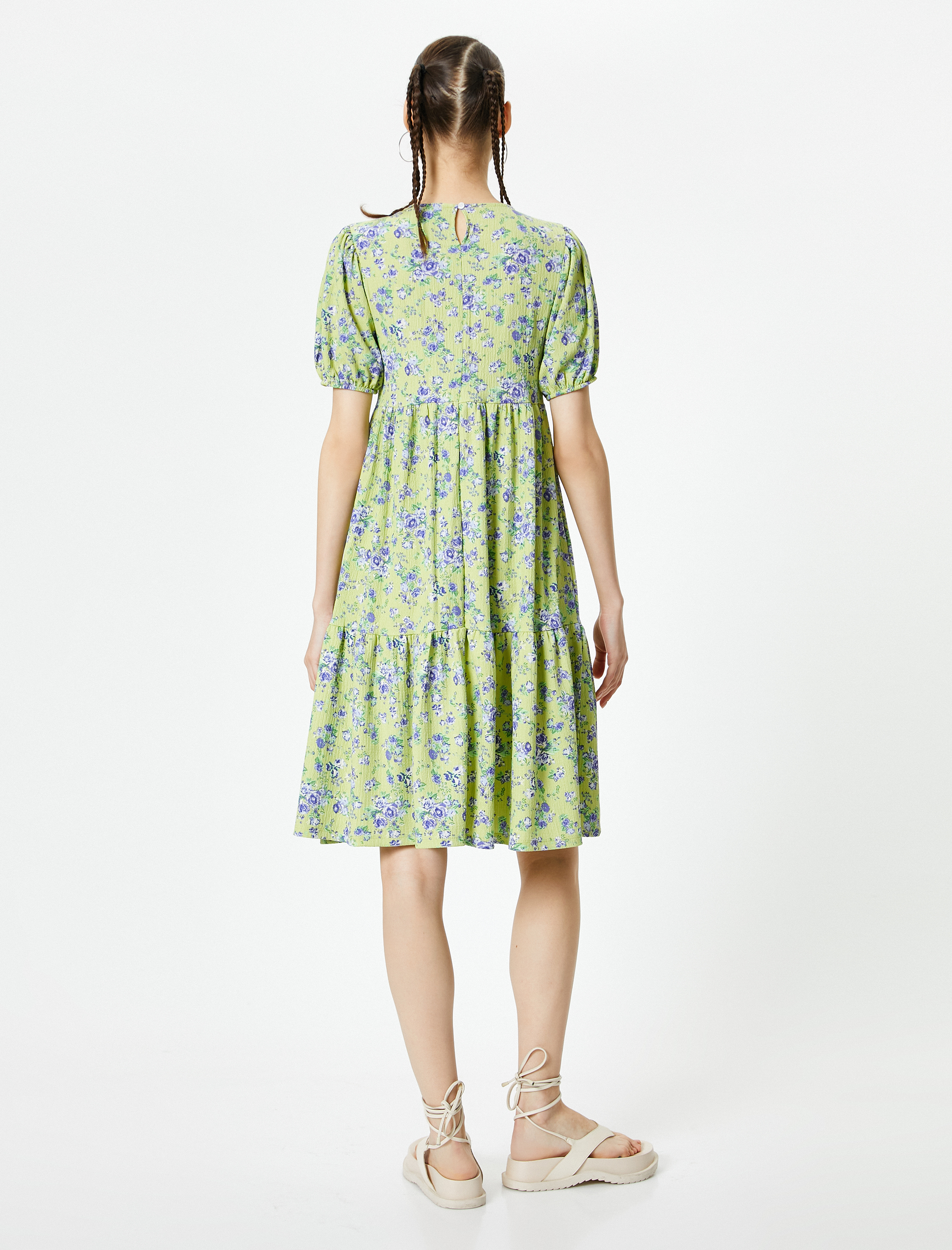   Balon Kol Çiçekli Elbise Midi Boy Rahat Kalıp Bisiklet Yaka Dokulu Bürümcük