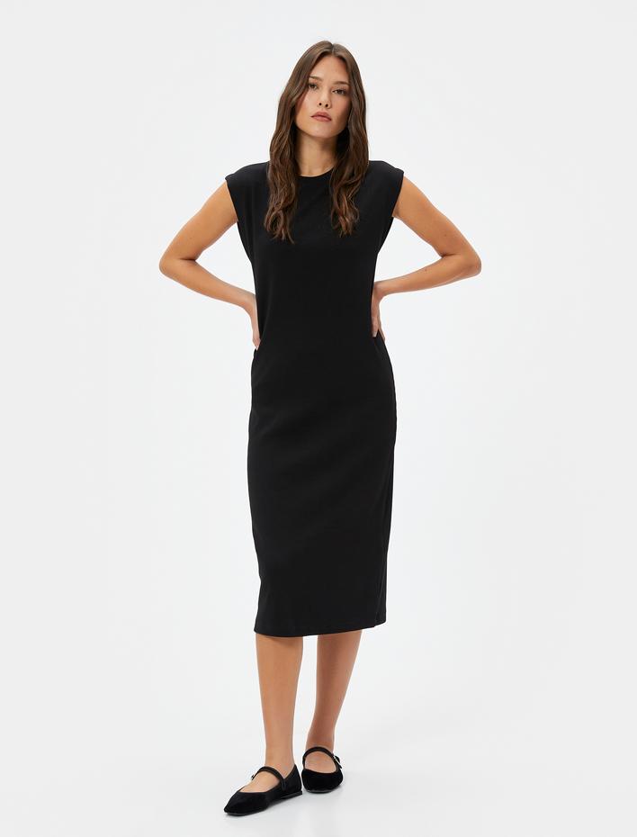  Yuvarlak Yaka Kap Kol Pamuklu Midi Boy Fitilli Elbise