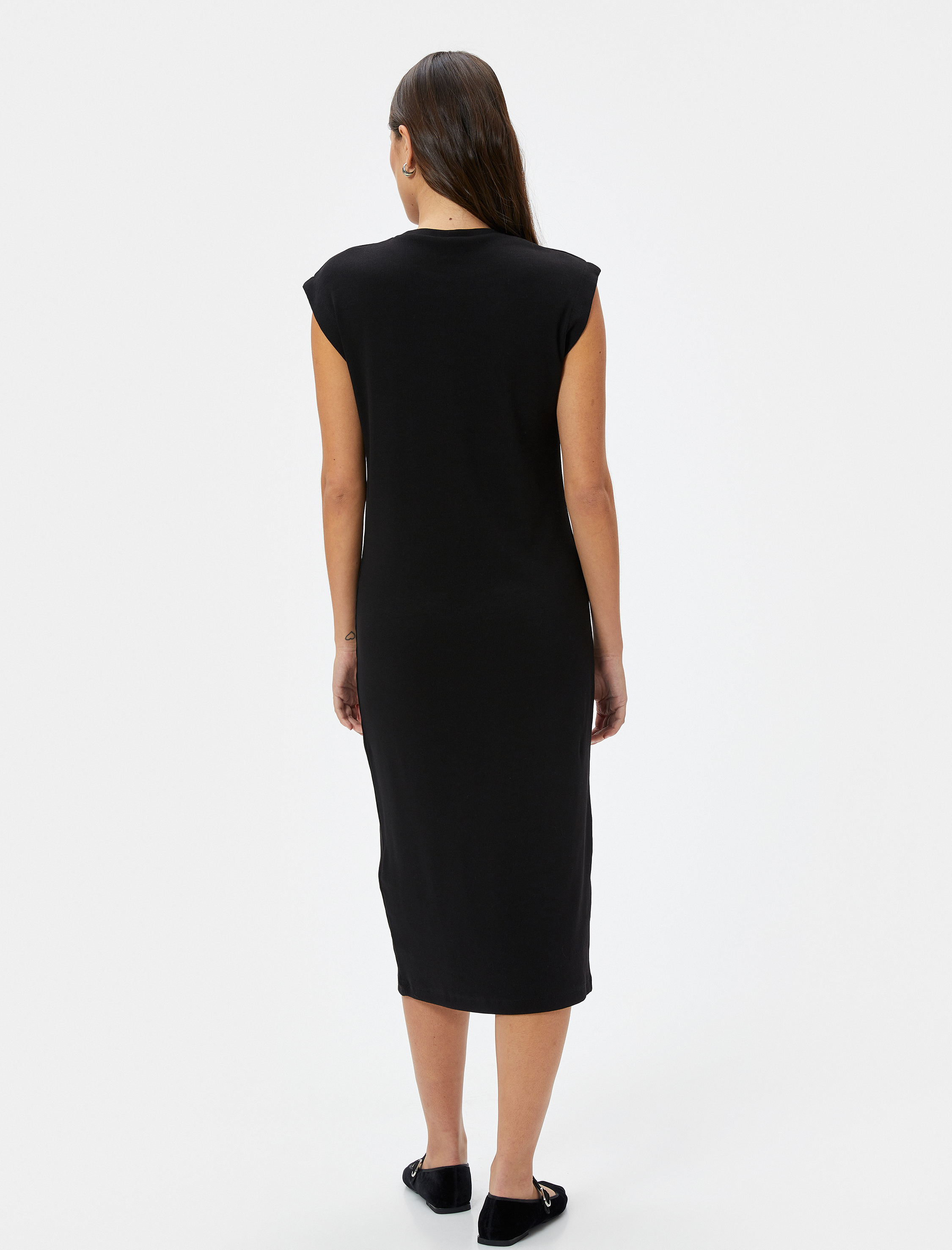   Yuvarlak Yaka Kap Kol Pamuklu Midi Boy Fitilli Elbise