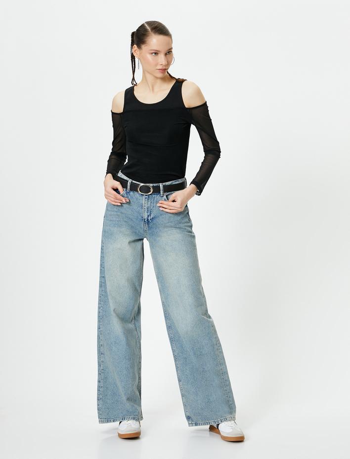  Çift Kumaş Kullanımlı Tül Tişört Uzun Kollu Slim Fit