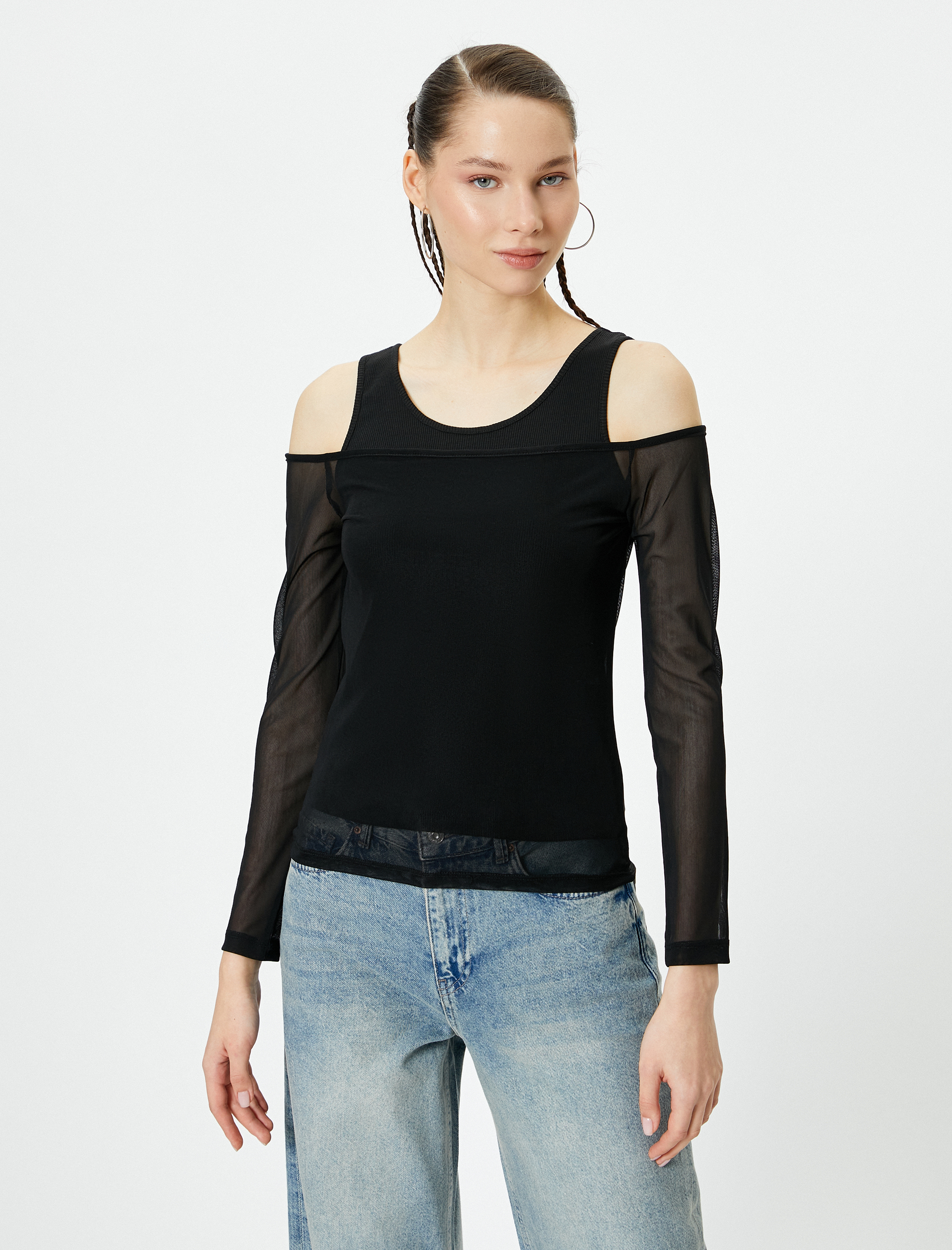   Çift Kumaş Kullanımlı Tül Tişört Uzun Kollu Slim Fit