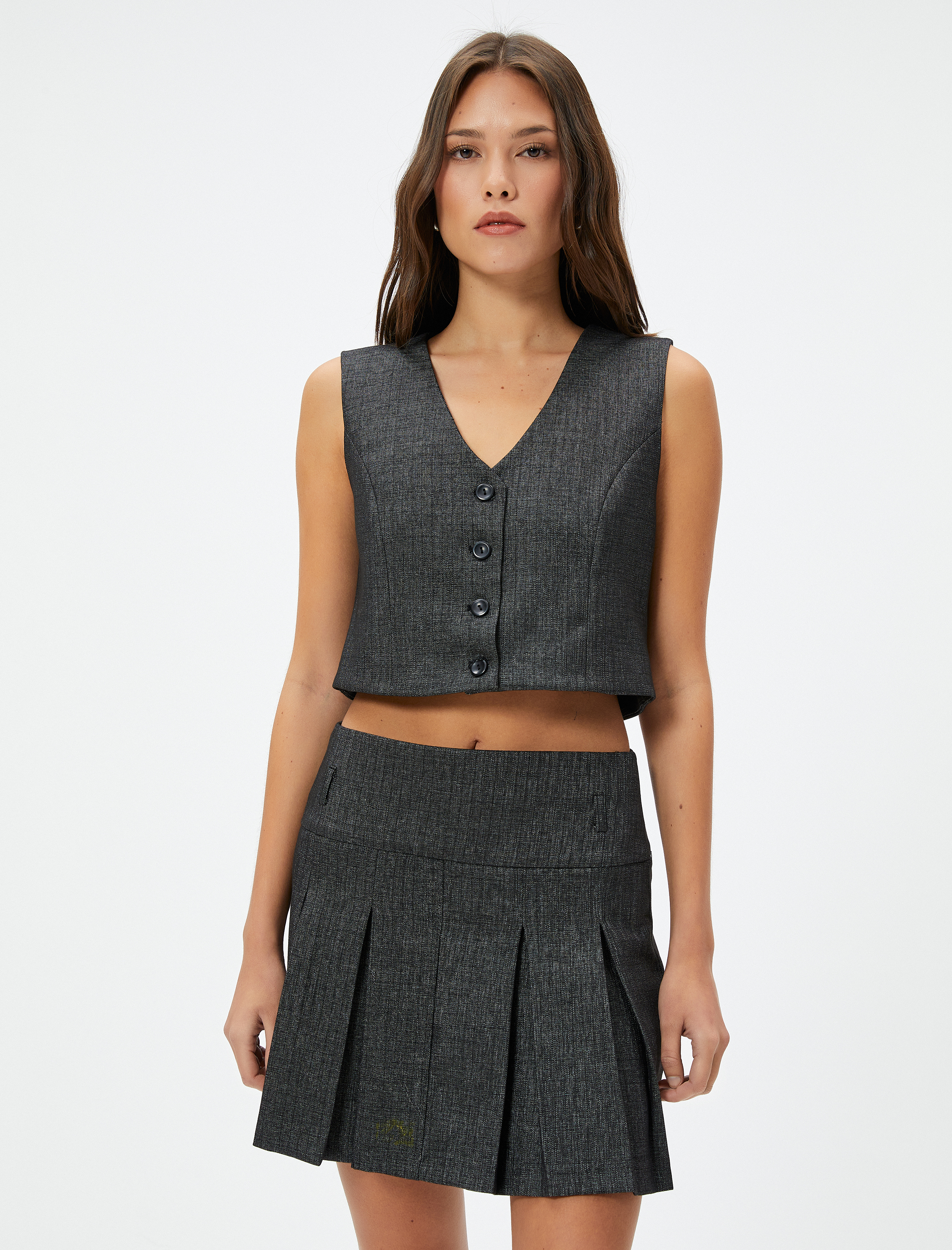   Crop Yelek Kruvaze Düğmeli V Yaka