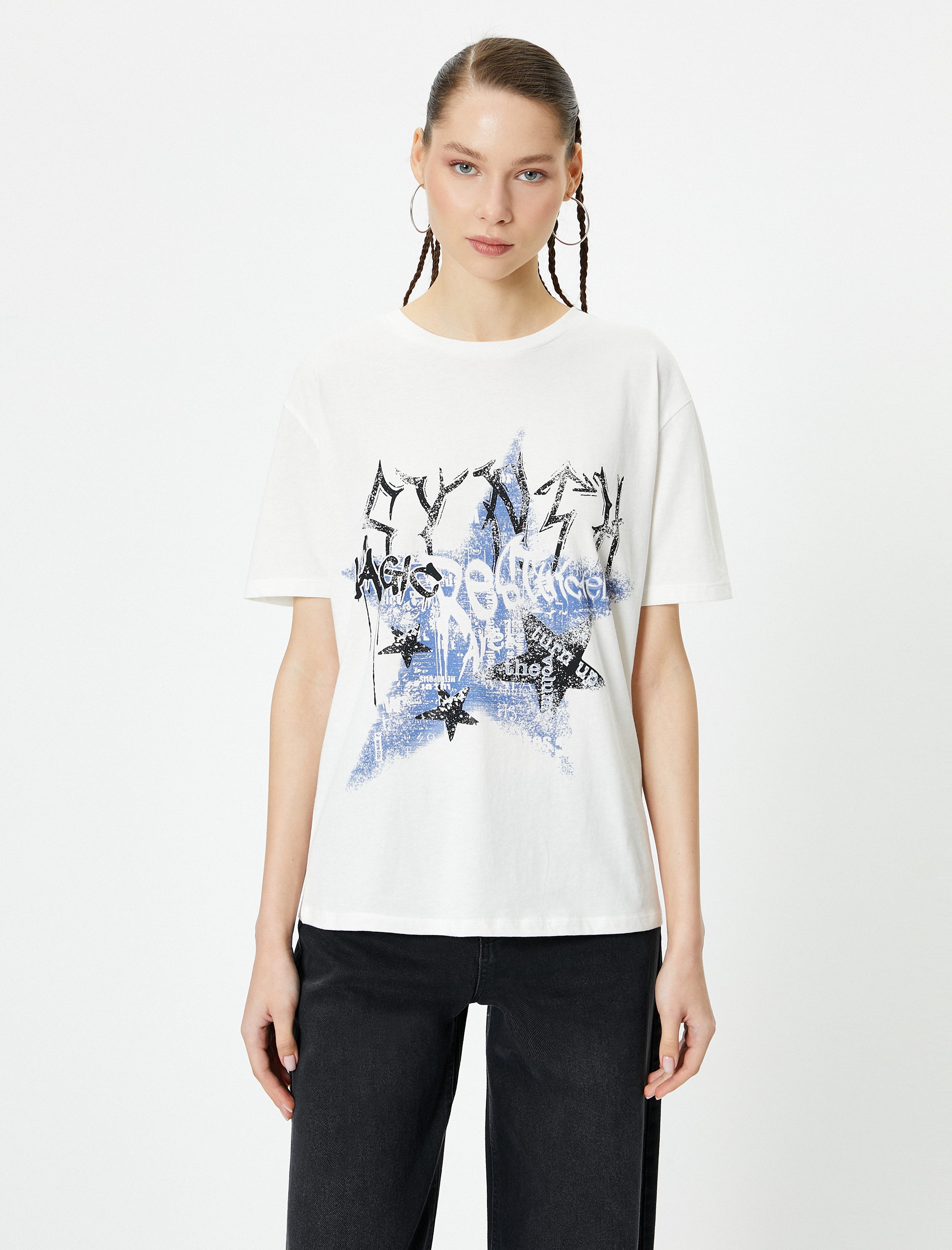   Baskılı Tişört Kısa Kollu  Bisiklet Yaka Rahat Kalıp