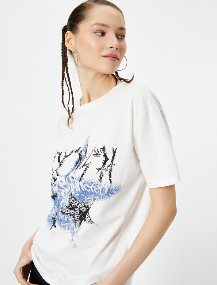  Baskılı Tişört Kısa Kollu  Bisiklet Yaka Rahat Kalıp