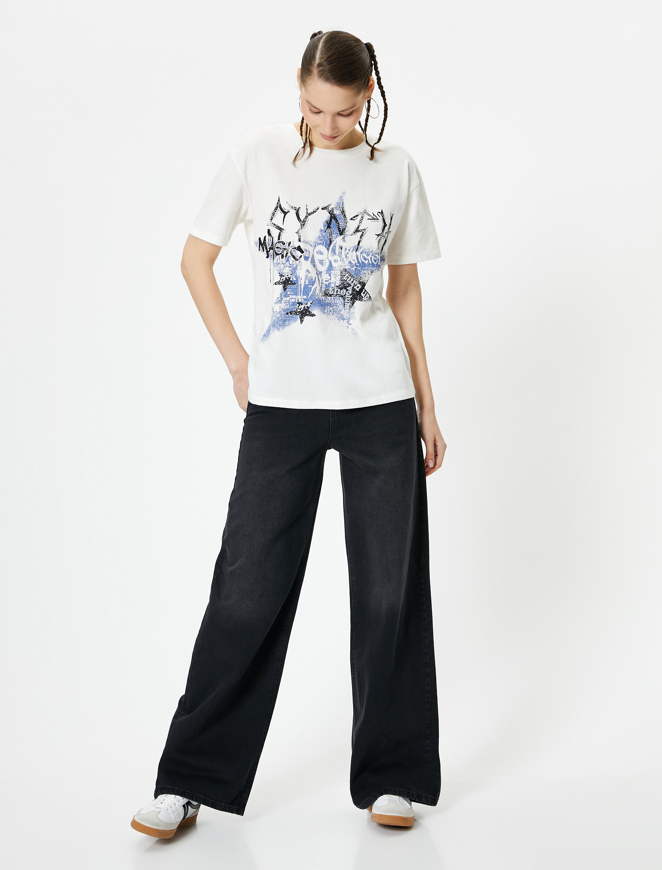   Baskılı Tişört Kısa Kollu  Bisiklet Yaka Rahat Kalıp