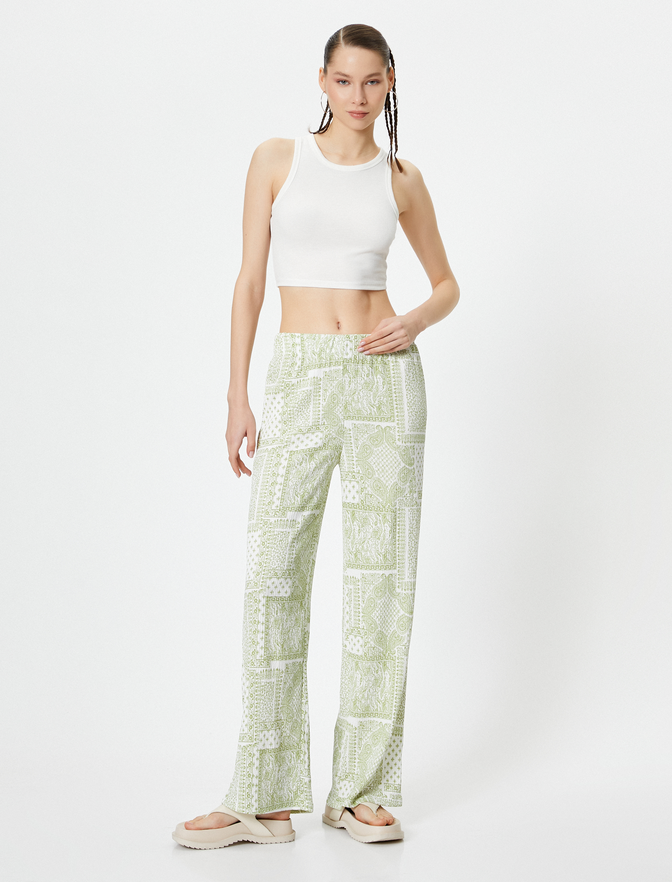   Etnik Desenli Bol Paça Pantolon Rahat Kalıp Yüksek Bel Bürümcük