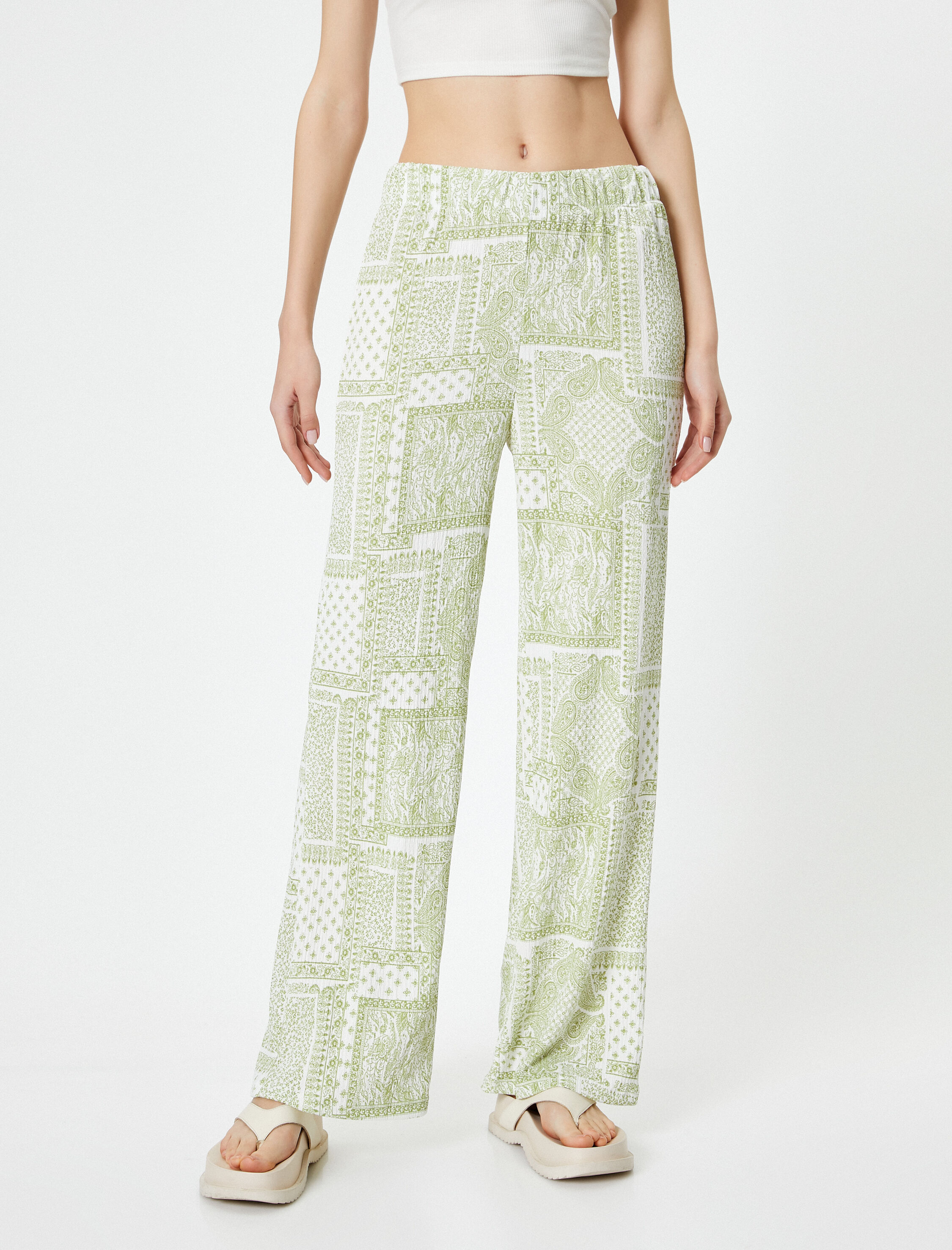   Etnik Desenli Bol Paça Pantolon Rahat Kalıp Yüksek Bel Bürümcük