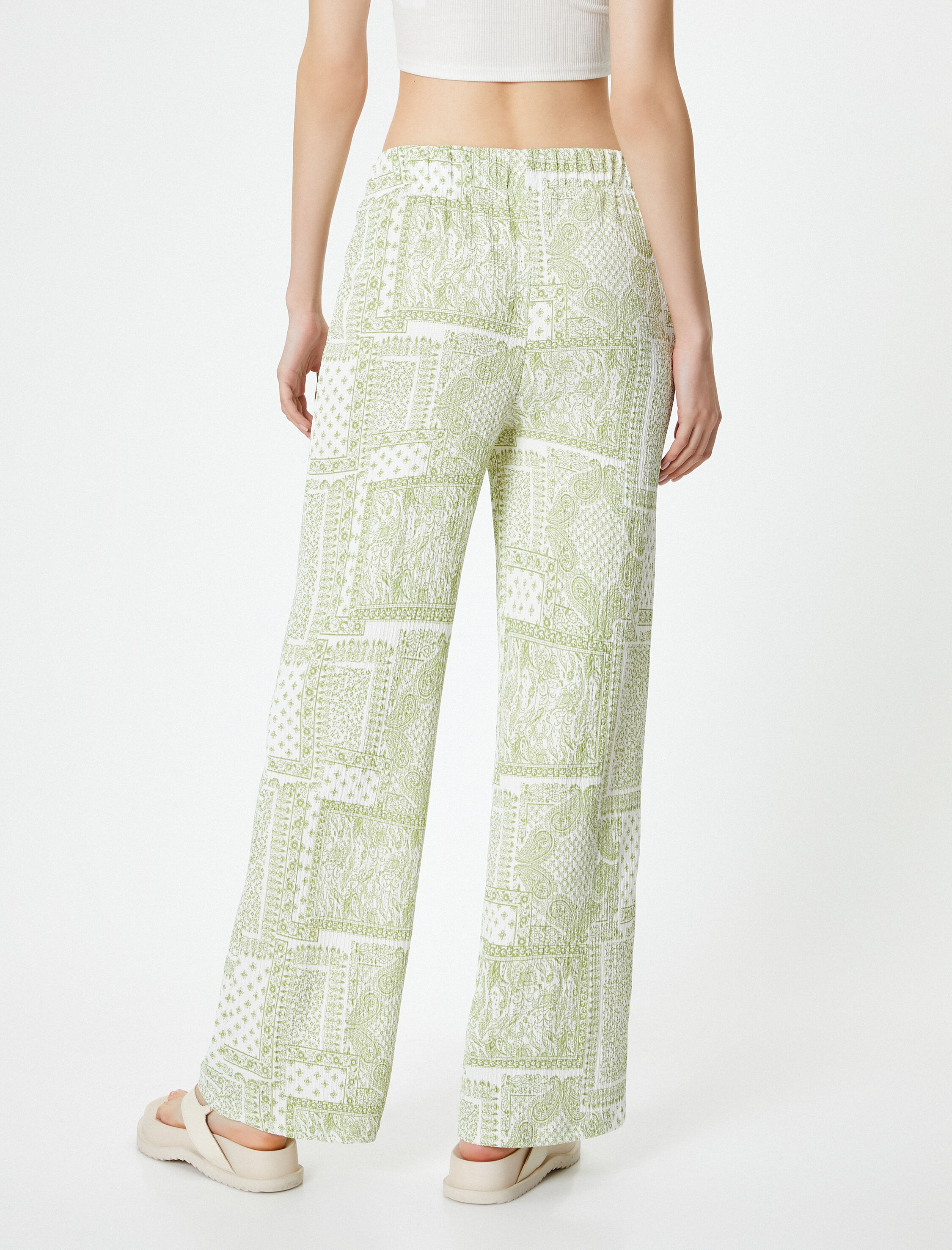   Etnik Desenli Bol Paça Pantolon Rahat Kalıp Yüksek Bel Bürümcük