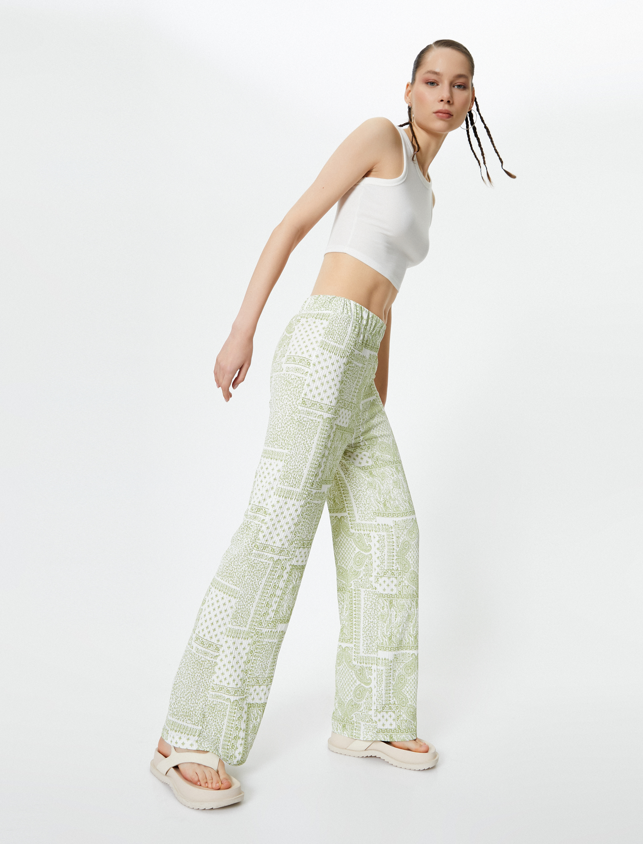   Etnik Desenli Bol Paça Pantolon Rahat Kalıp Yüksek Bel Bürümcük