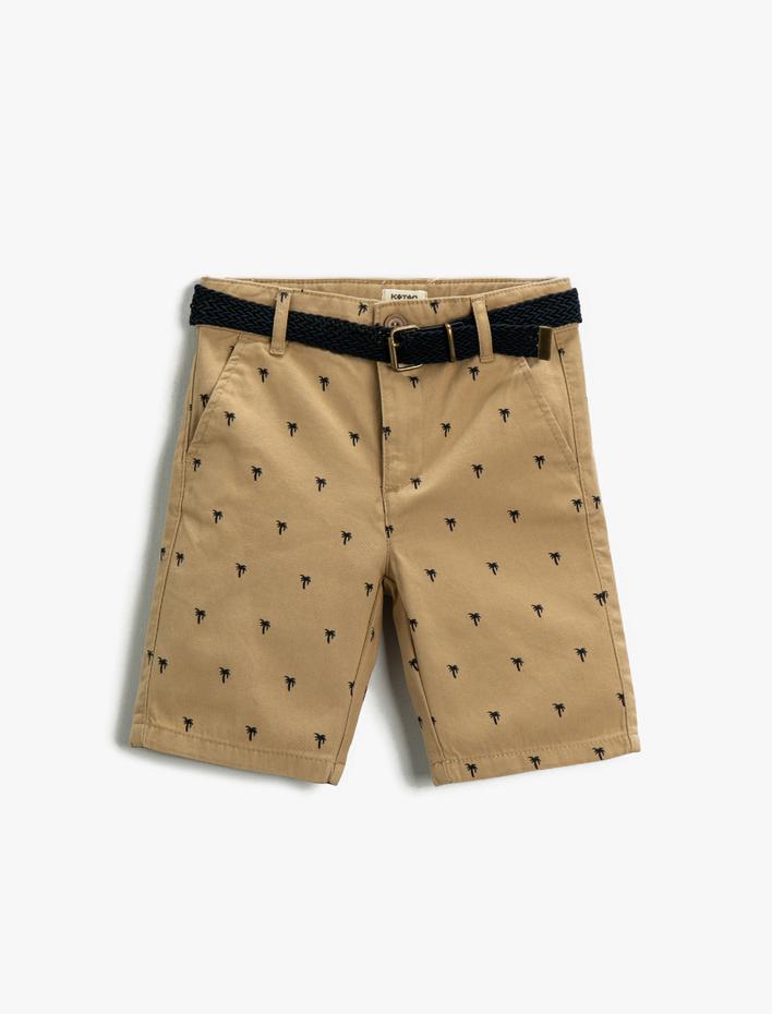 Erkek Çocuk Palmiye Baskılı Şort Kemerli Diz Üstü Pamuklu