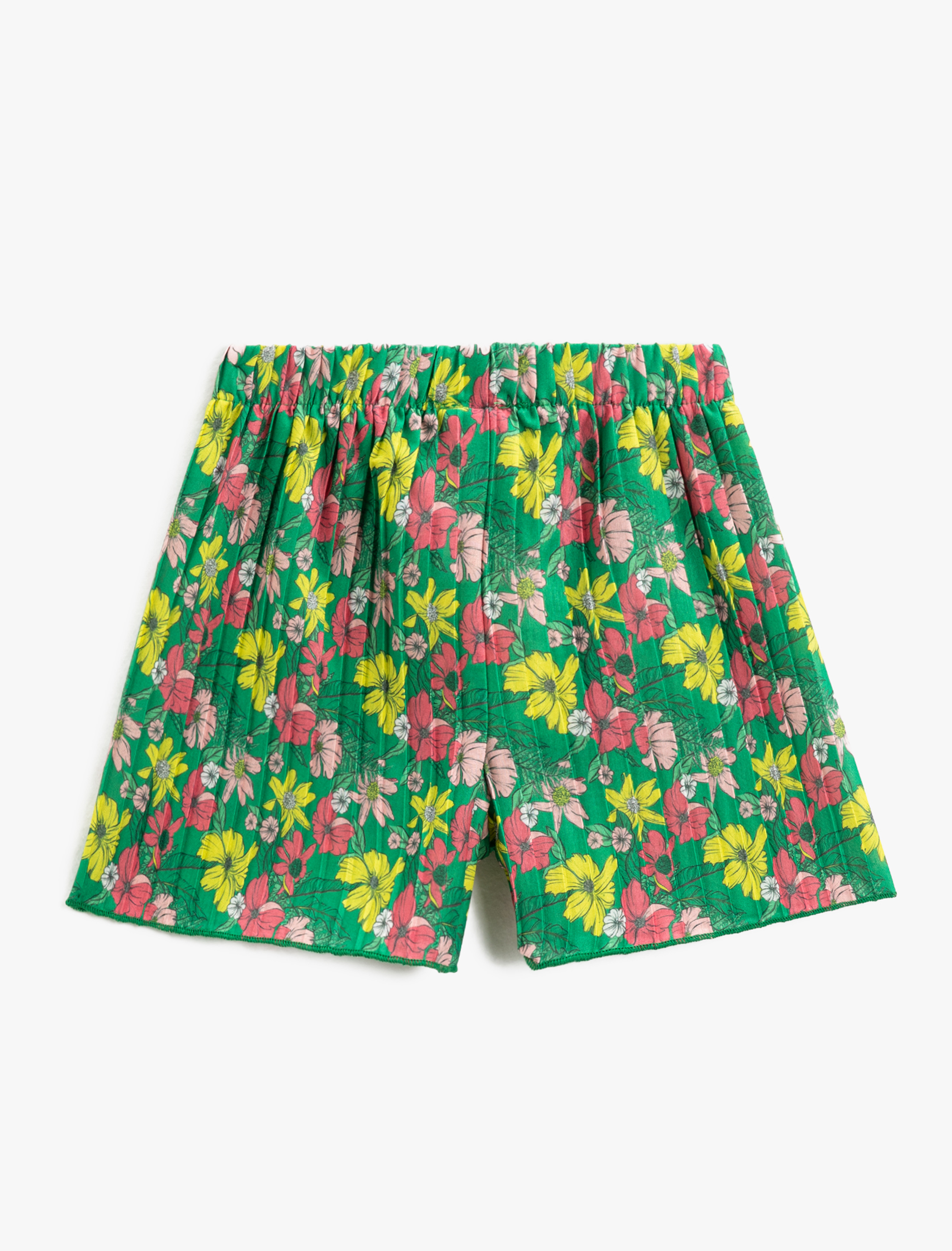  Kız Çocuk Çiçekli Pileli Şort Fiyonk Detaylı Beli Lastikli