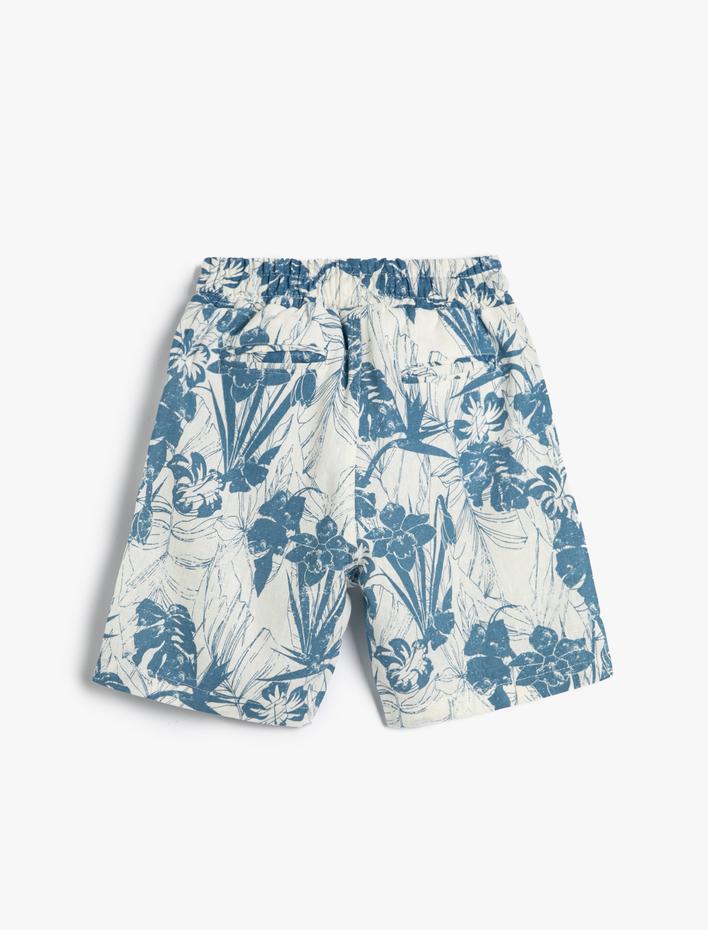 Erkek Çocuk Keten Şort Cepli Beli Lastikli Floral Baskılı