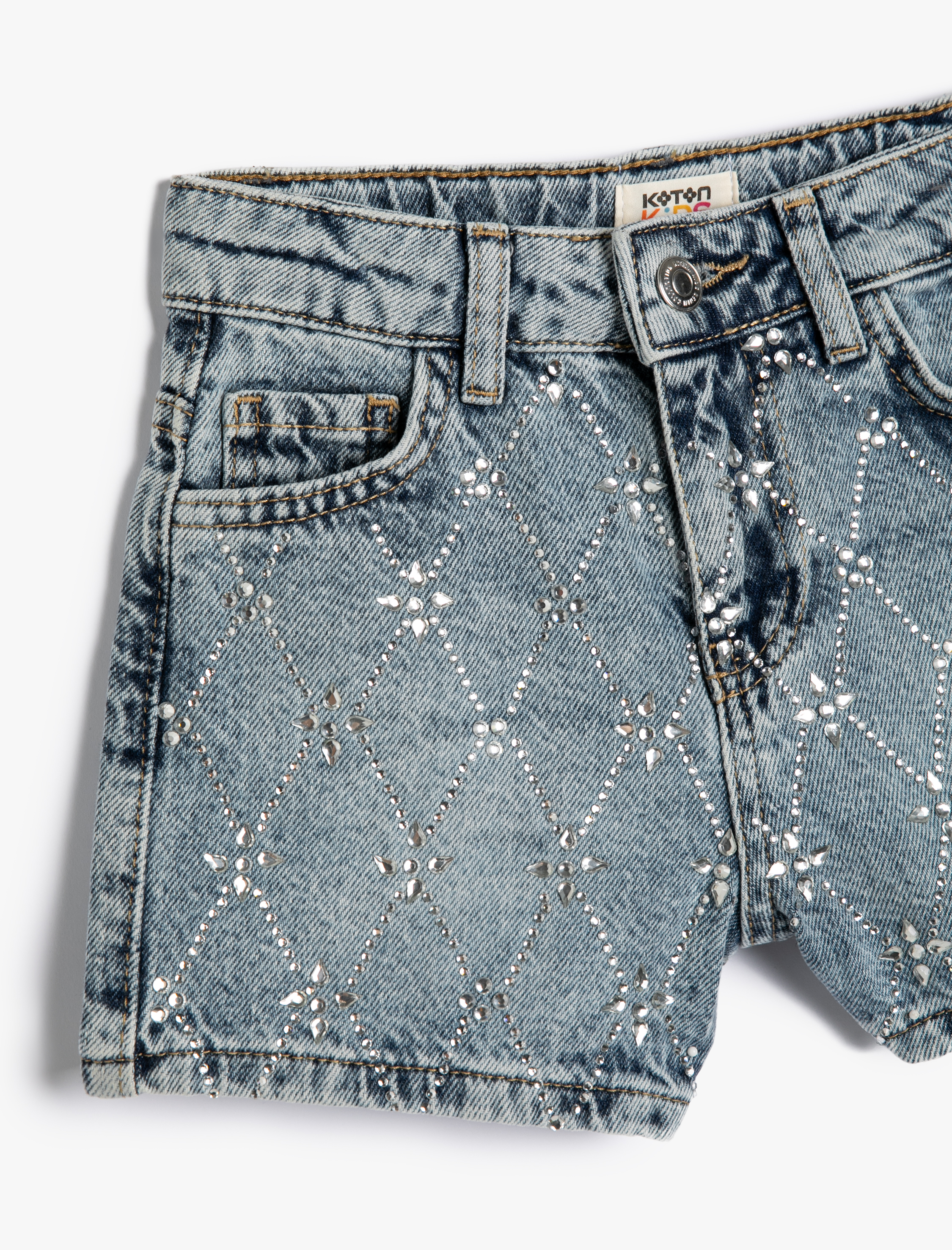  Kız Çocuk Kot Şort Ekstra Mini Slim Parıltılı Boncuk İşlemeli Pamuklu
