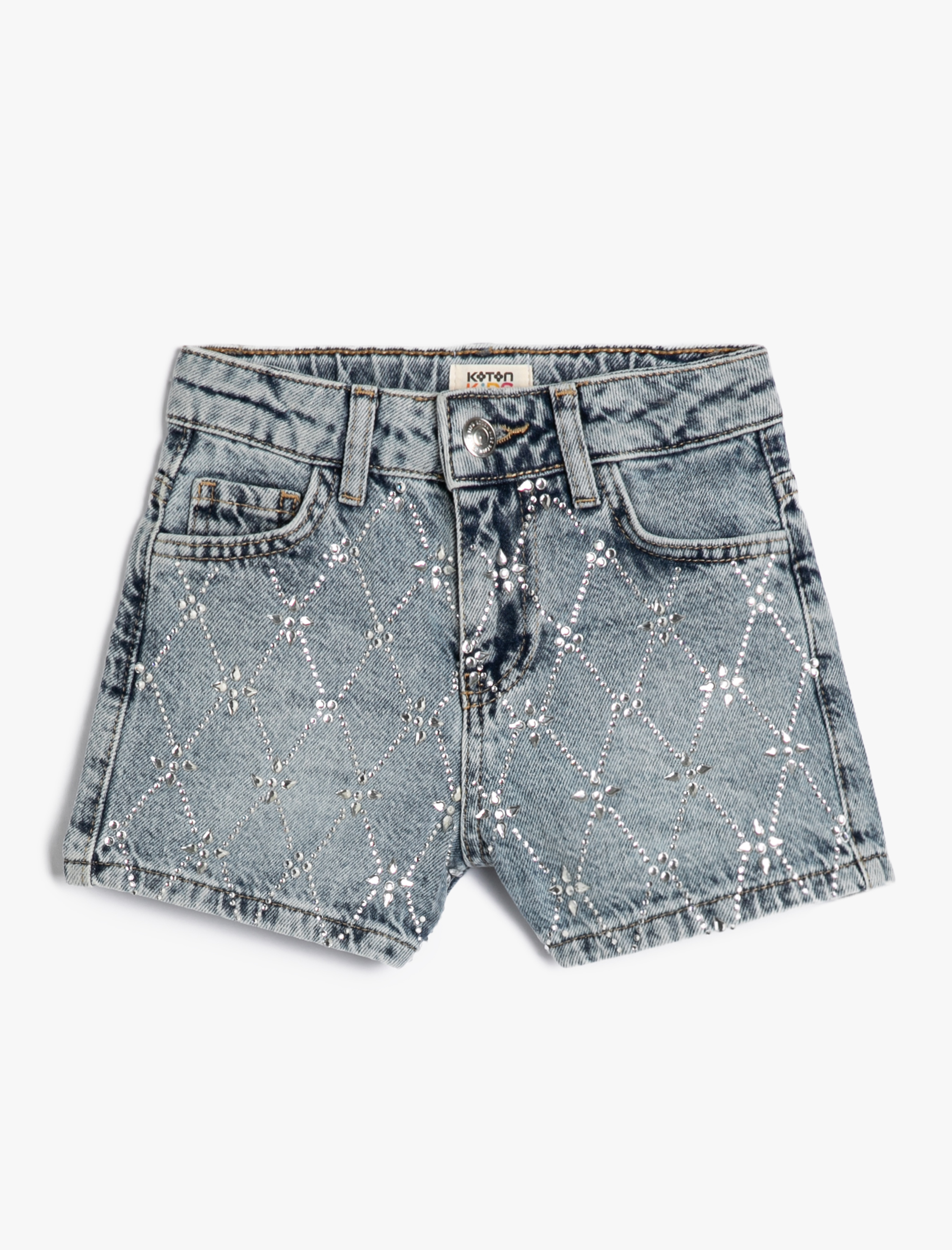  Kız Çocuk Kot Şort Ekstra Mini Slim Parıltılı Boncuk İşlemeli Pamuklu