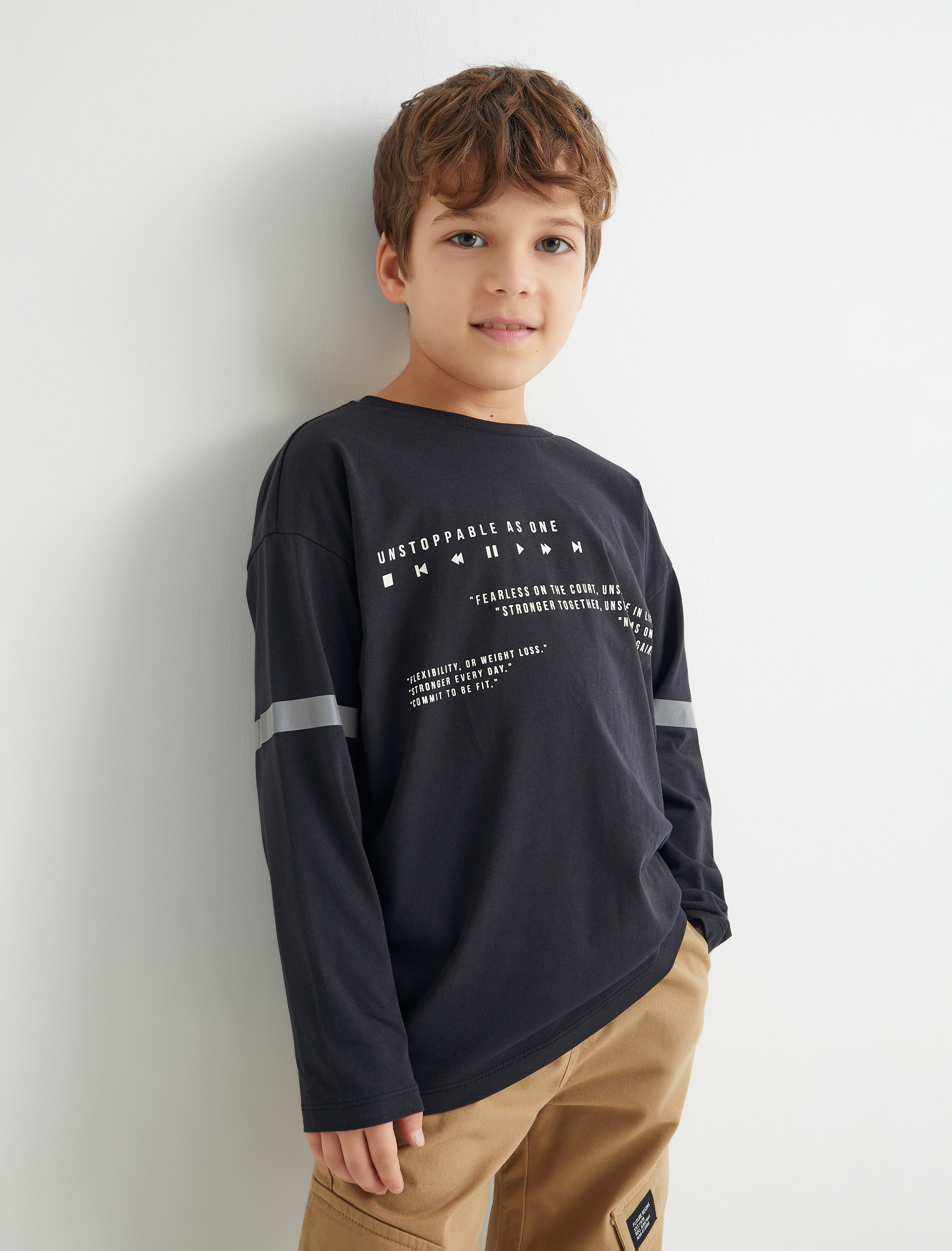  Erkek Çocuk Tişört Uzun Kollu Bisiklet Yaka Slogan Baskılı Pamuklu