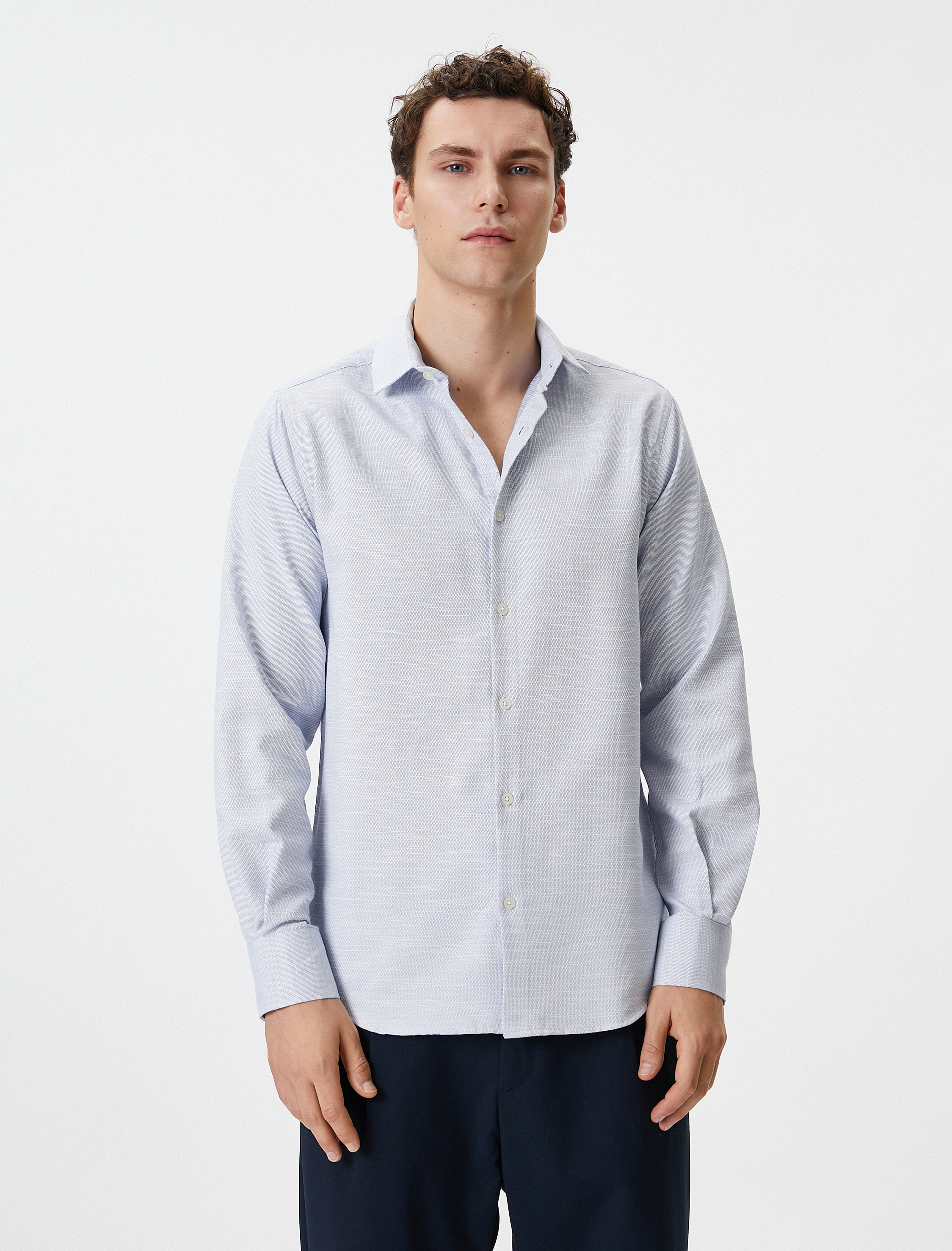 Slim Fit Gömlek Yarım İtalyan Yaka Düğmeli Uzun Kollu