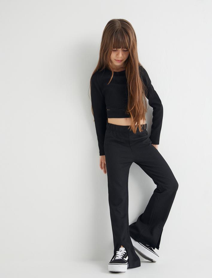 Kız Çocuk İspanyol Paça Pantolon Fitilli Yırtmaç Detaylı Beli Lastikli