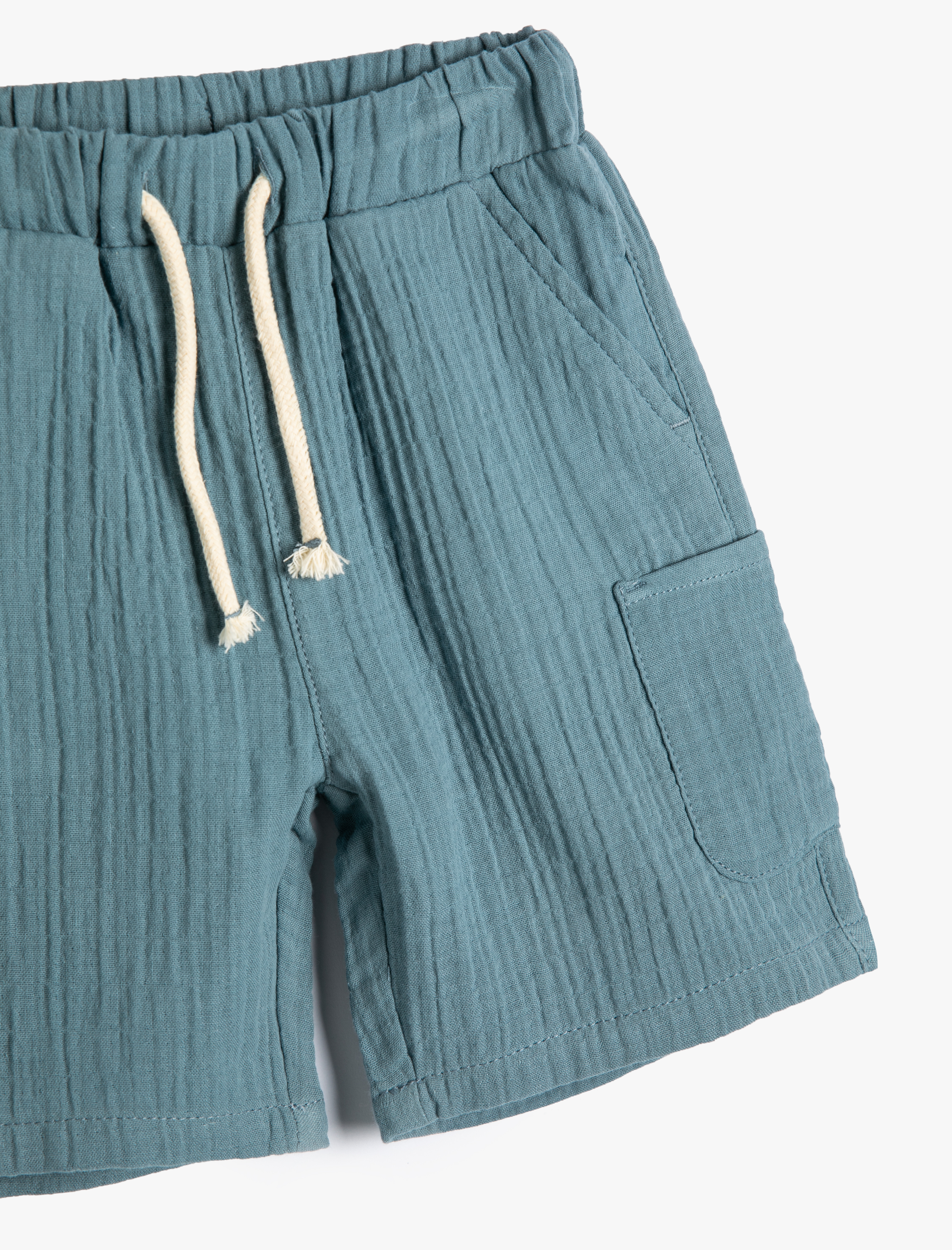  Erkek Çocuk Müslin Şort Dokulu Cepli Beli Bağlamalı