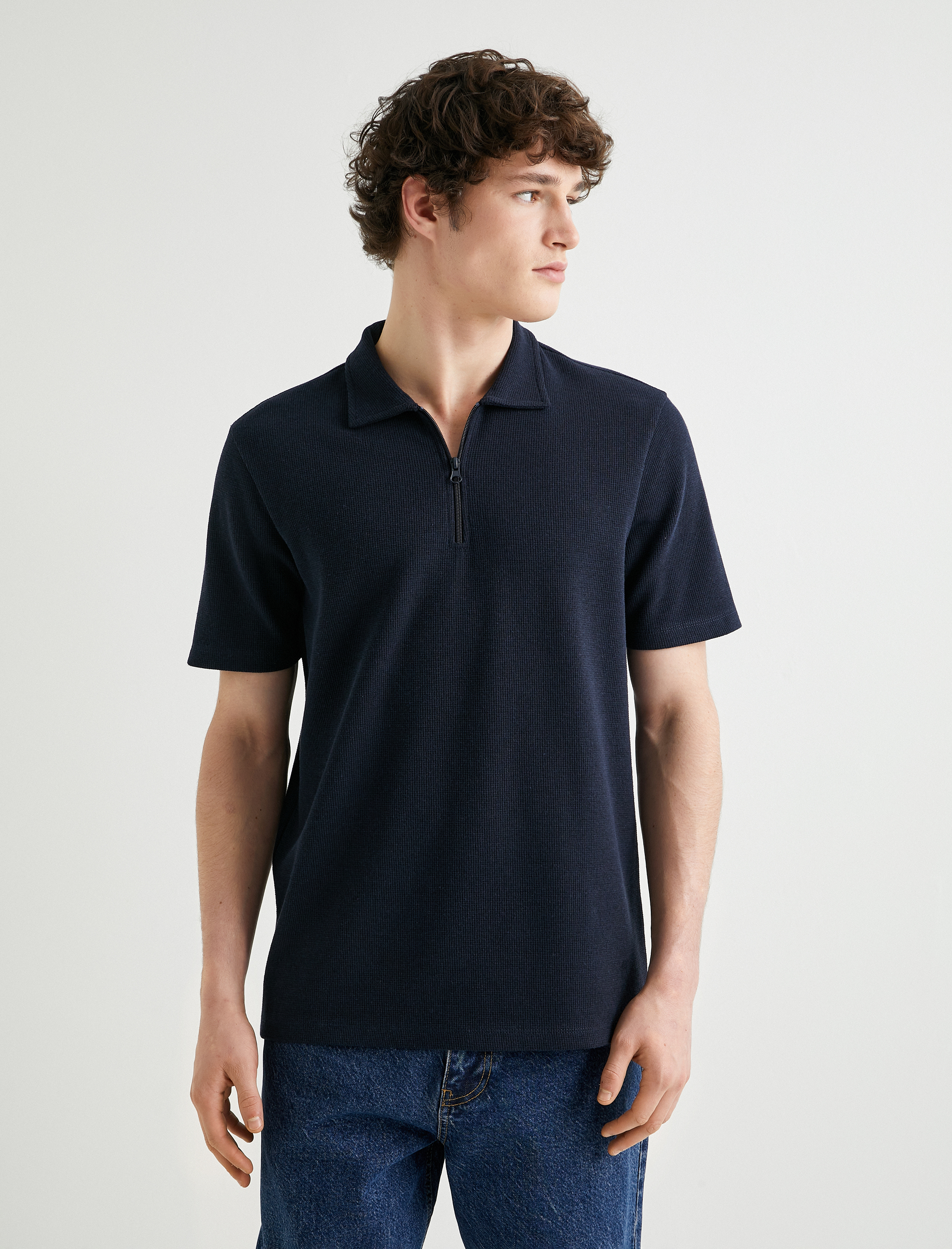   Yarım Fermuarlı Polo Tişört Kısa Kollu Dokulu