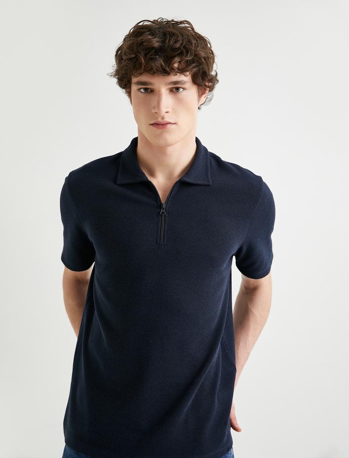  Yarım Fermuarlı Polo Tişört Kısa Kollu Dokulu