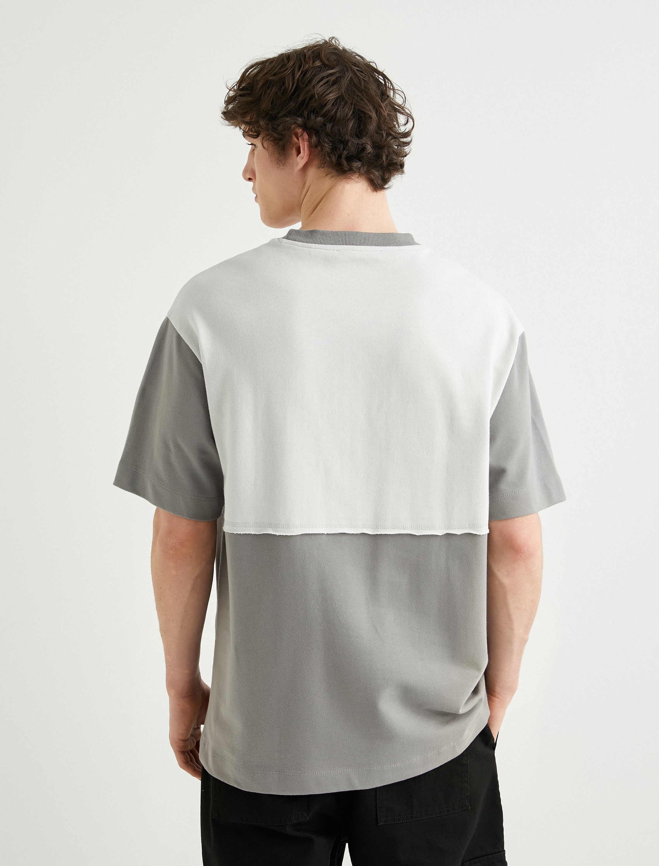   Oversize Tişört Slogan Baskılı Renk Bloklu Bisiklet Yaka Kısa Kollu