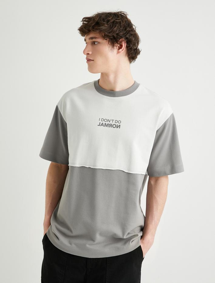  Oversize Tişört Slogan Baskılı Renk Bloklu Bisiklet Yaka Kısa Kollu