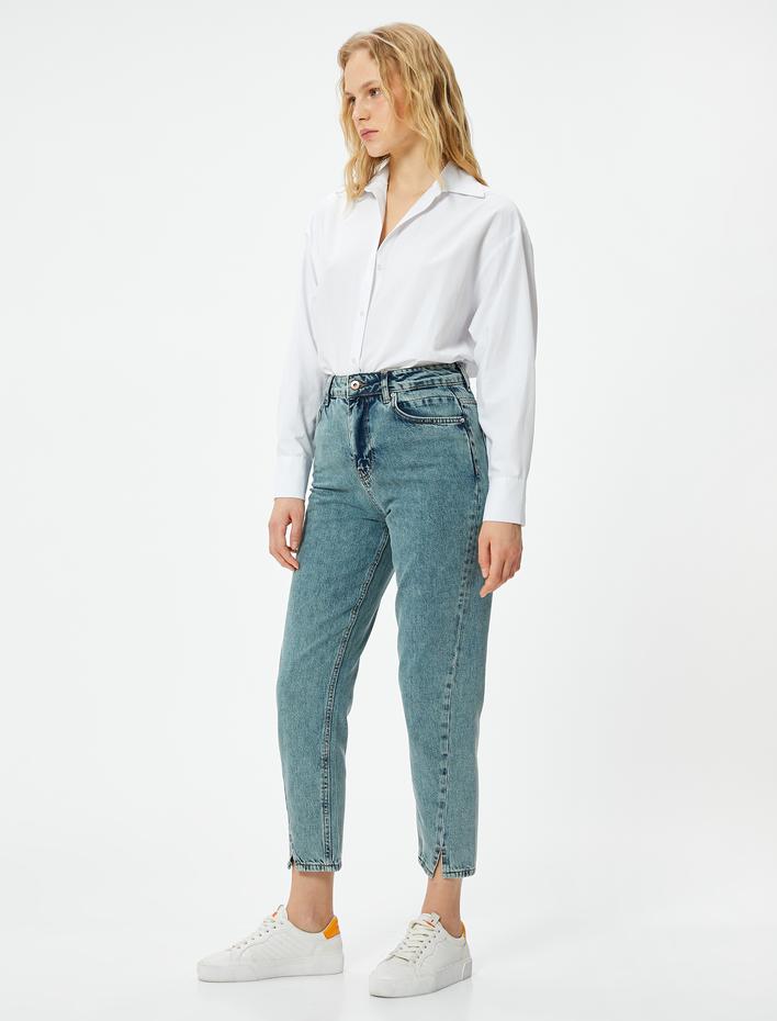  Mom Kot Pantolon Kısa Dar Paça Yırtmaç Detaylı Cepli - Mom Jean