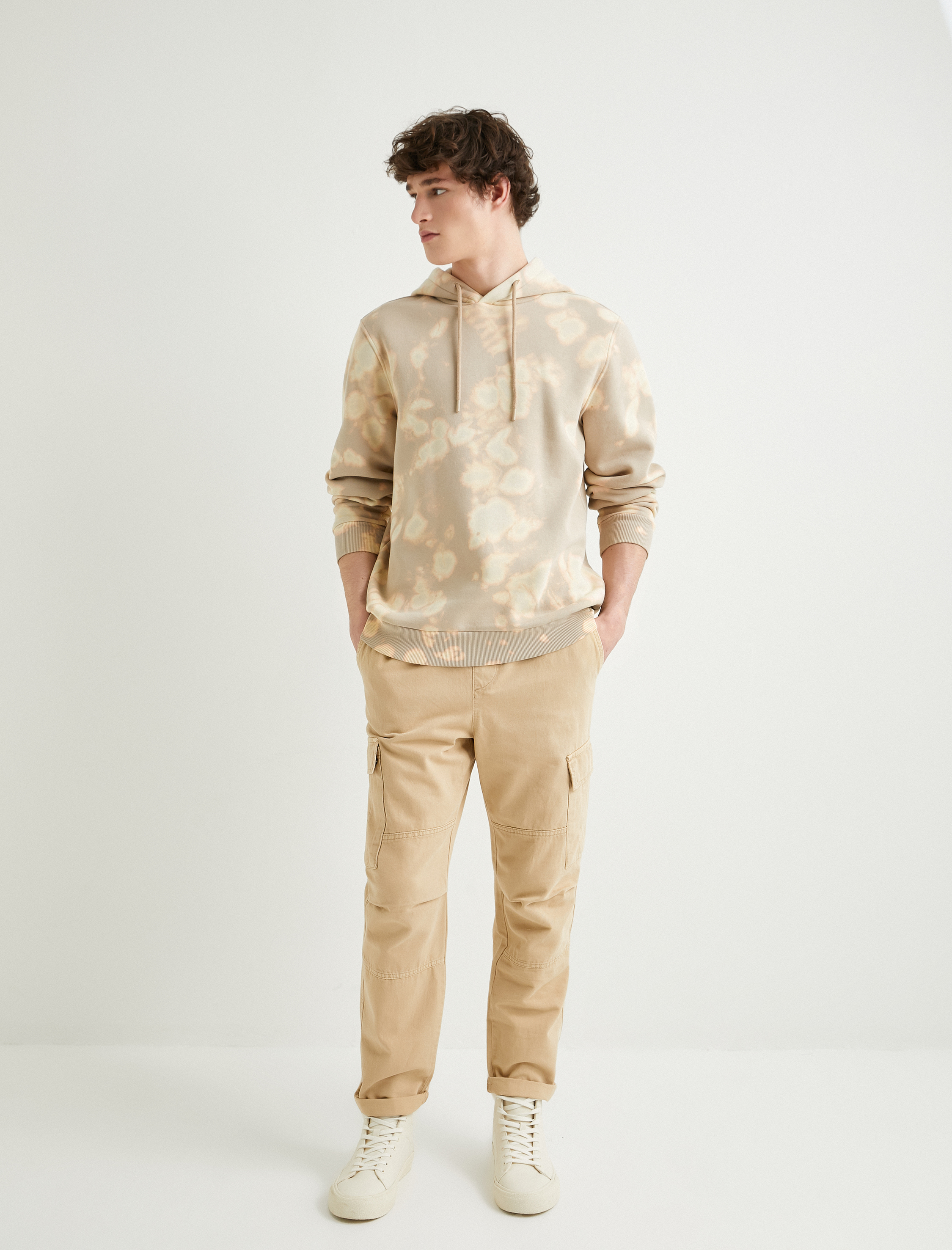   Kapşonlu Sweatshirt Soyut Baskılı Uzun Kollu Şardonlu