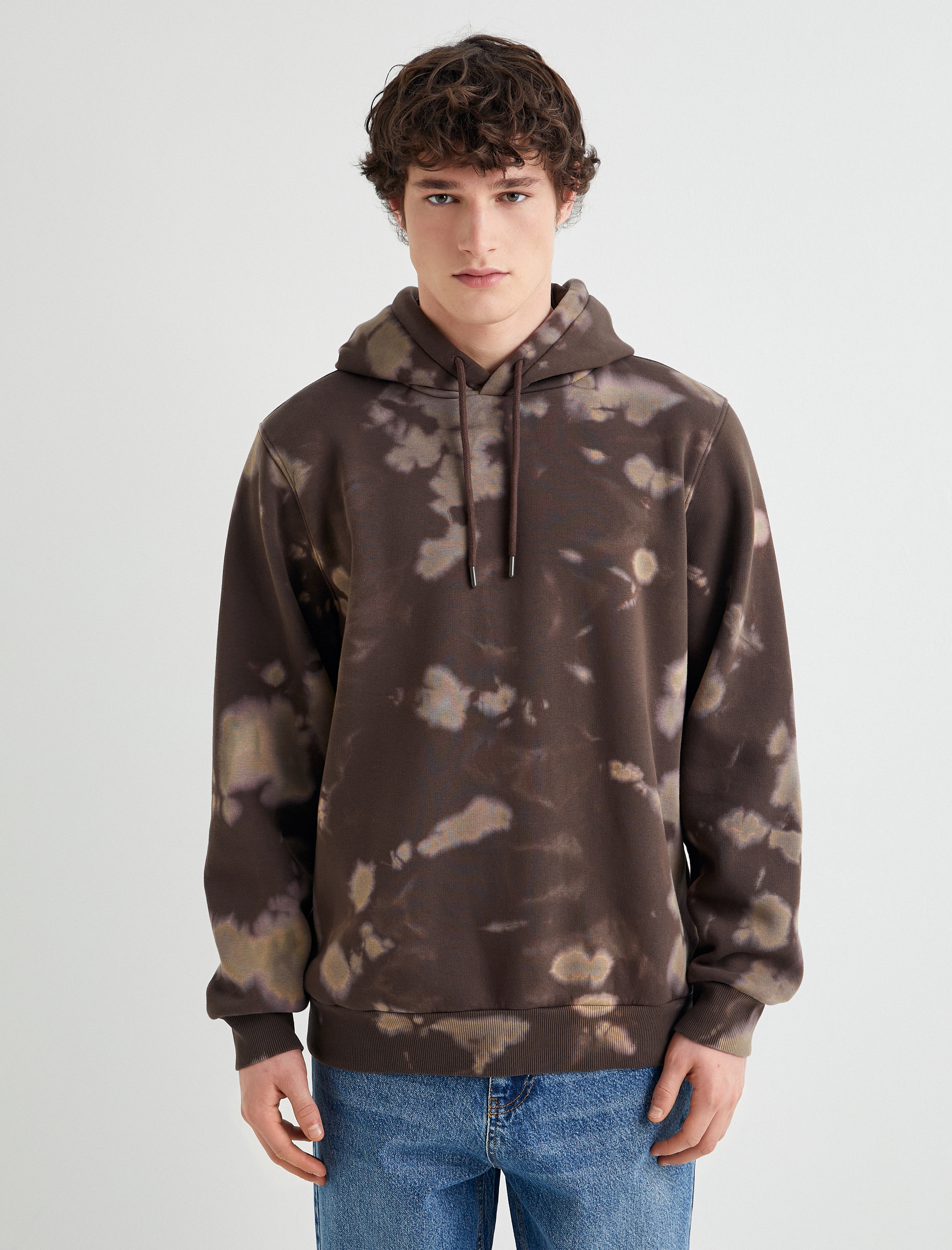   Kapşonlu Sweatshirt Soyut Baskılı Uzun Kollu Şardonlu