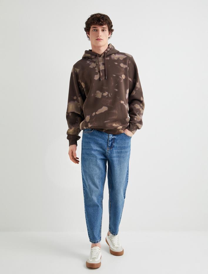  Kapşonlu Sweatshirt Soyut Baskılı Uzun Kollu Şardonlu