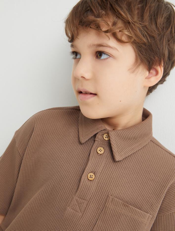 Erkek Çocuk Polo Yaka Tişört Dokulu Düğmeli Kısa Kollu Pamuklu