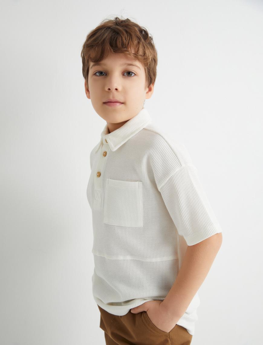  Erkek Çocuk Polo Yaka Tişört Dokulu Düğmeli Kısa Kollu Pamuklu