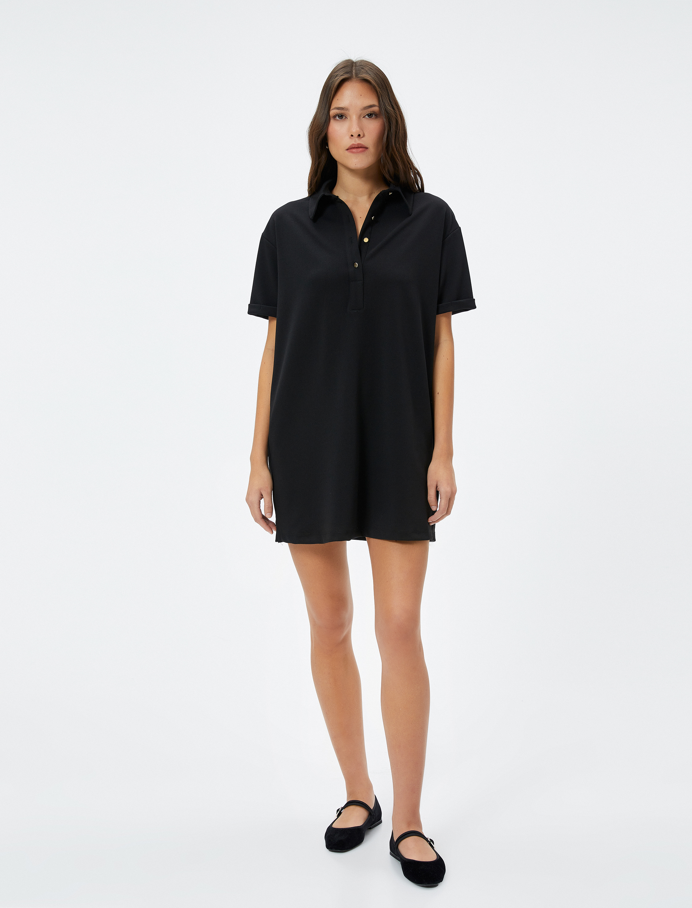   Polo Yaka Elbise Mini Kısa Kollu Düğmeli