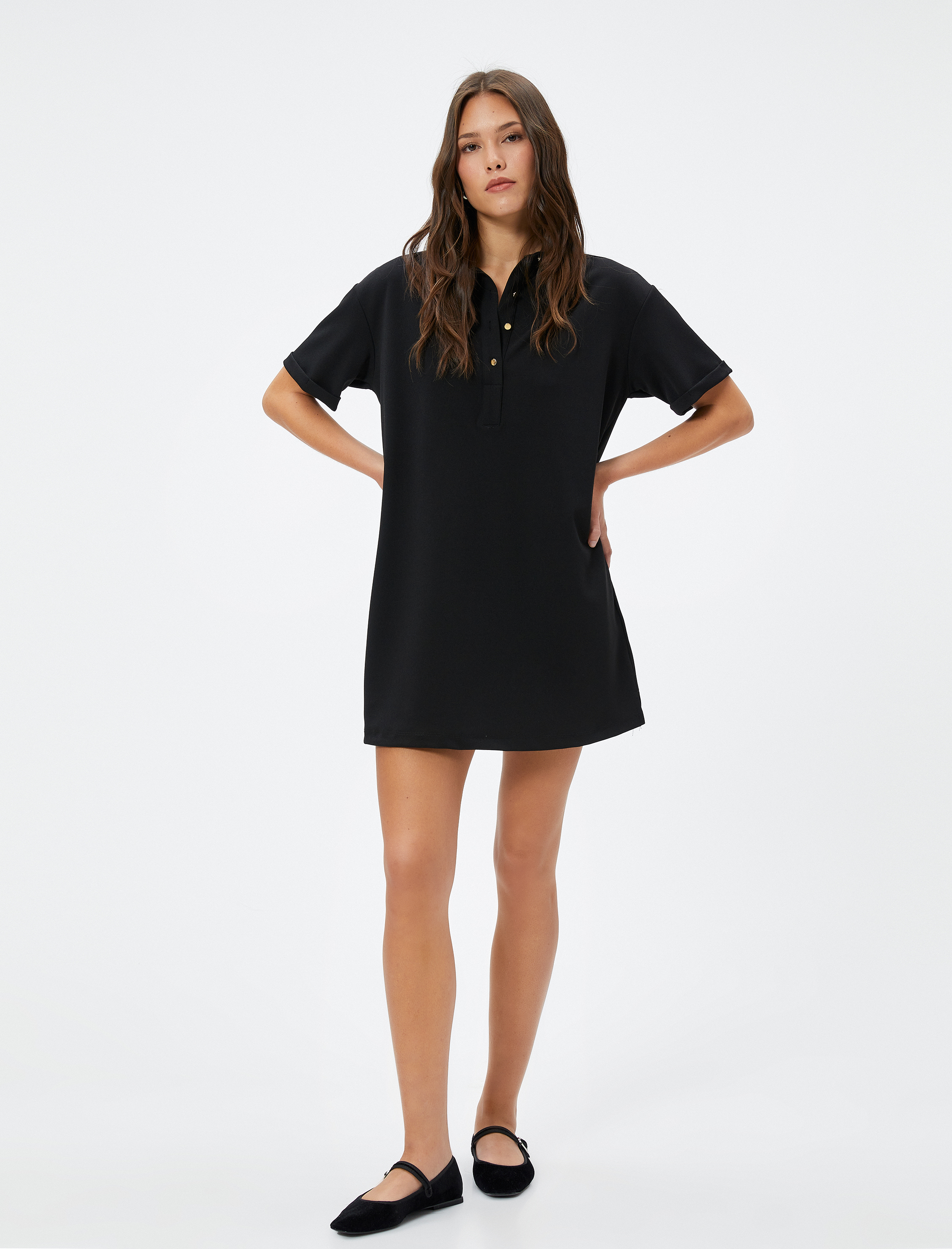   Polo Yaka Elbise Mini Kısa Kollu Düğmeli