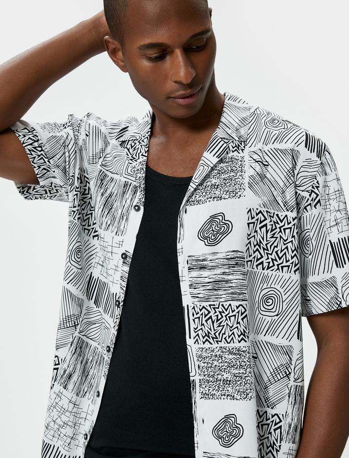  Yazlık Gömlek Kısa Kollu Etnik Desenli Devrik Yaka Viskon Regular Fit