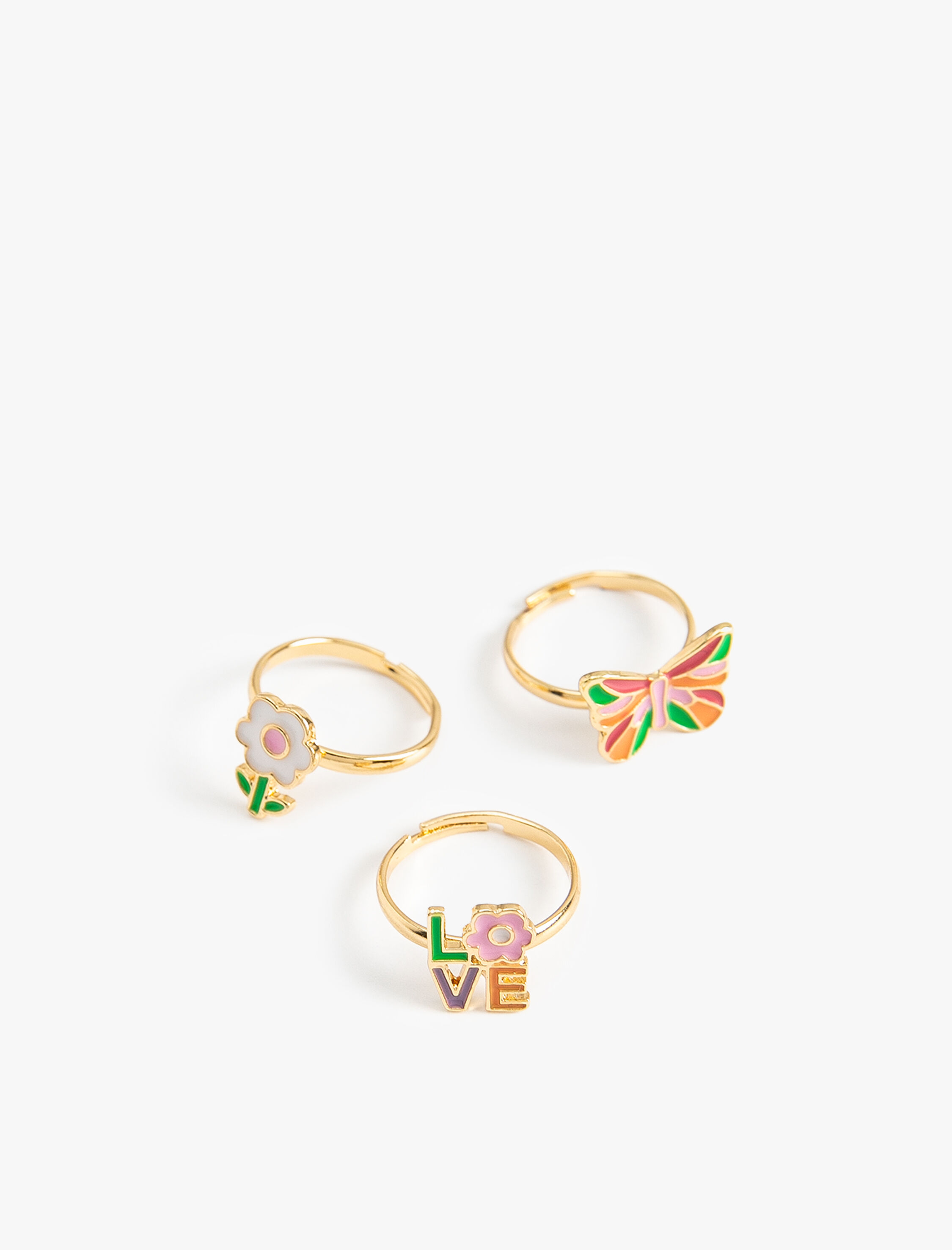  Kadın Kelebek ve Çiçekli Yüzük Seti 3'lü Çok Renkli Çelik Karışımlı