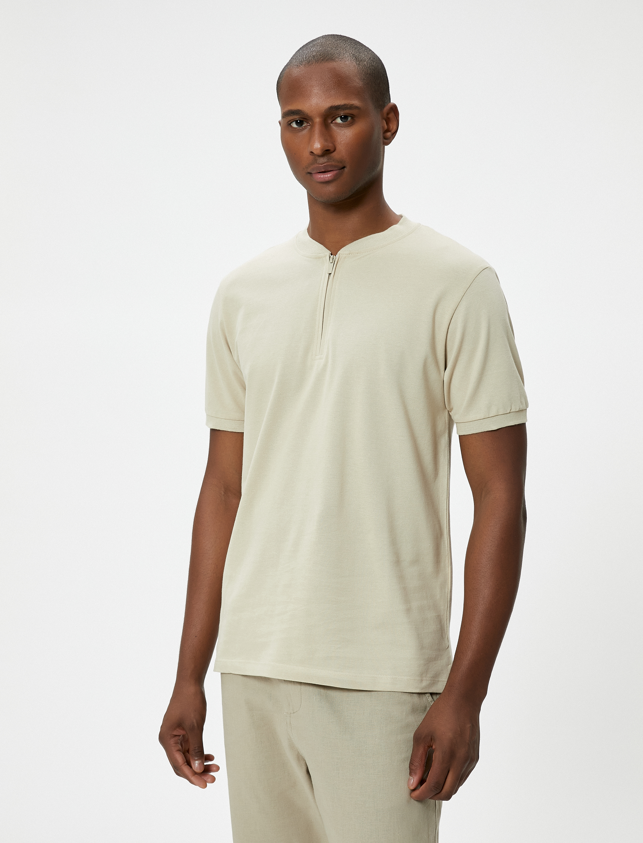   Hakim Yaka Tişört Yarım Fermuarlı Slim Fit Kısa Kollu