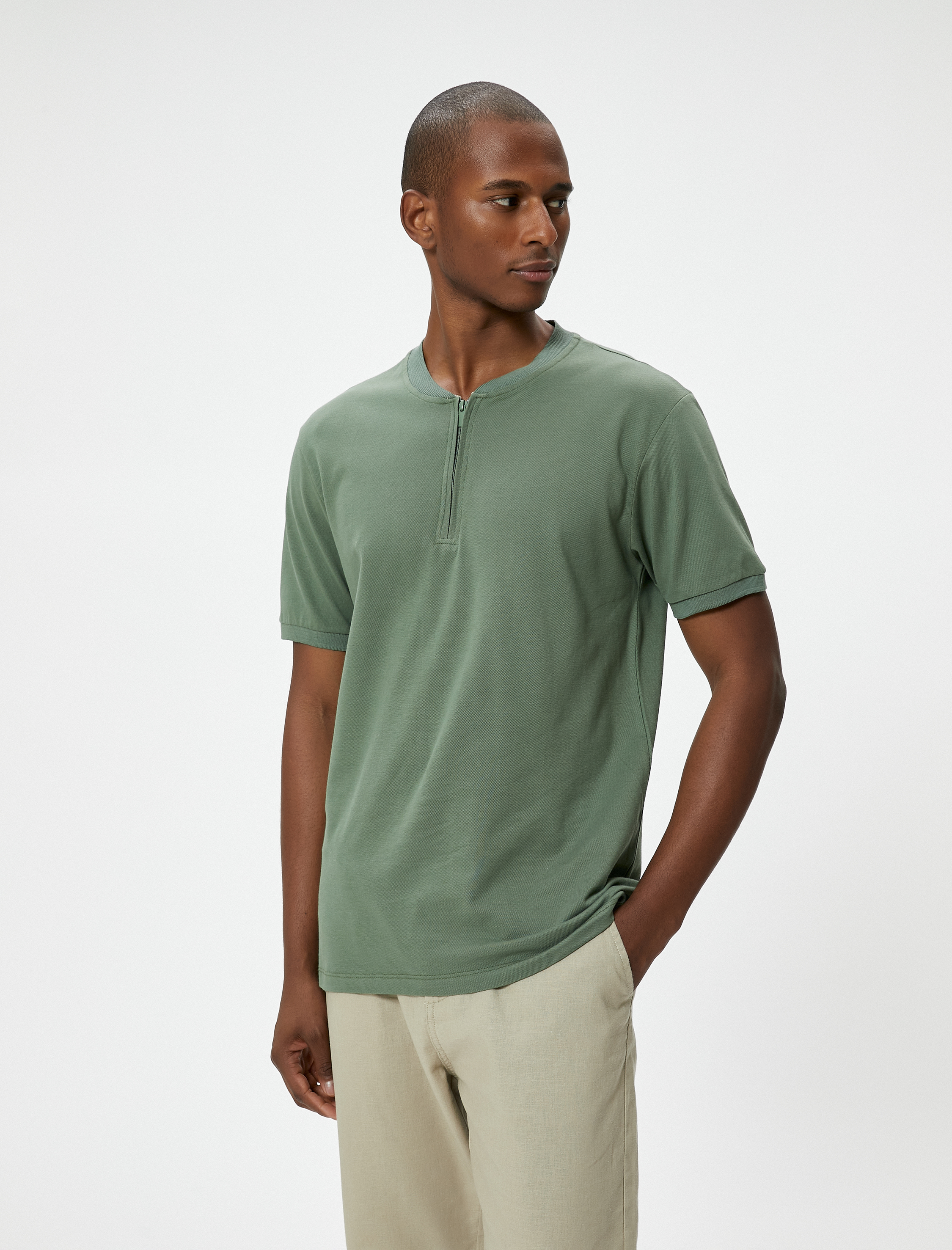   Hakim Yaka Tişört Yarım Fermuarlı Slim Fit Kısa Kollu