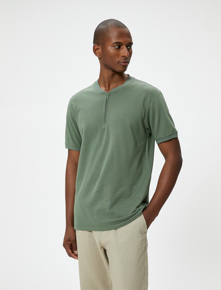  Hakim Yaka Tişört Yarım Fermuarlı Slim Fit Kısa Kollu