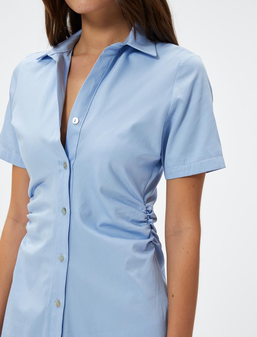   Midi Gömlek Elbise Düğmeli Drapeli Büzgülü Kısa Kollu