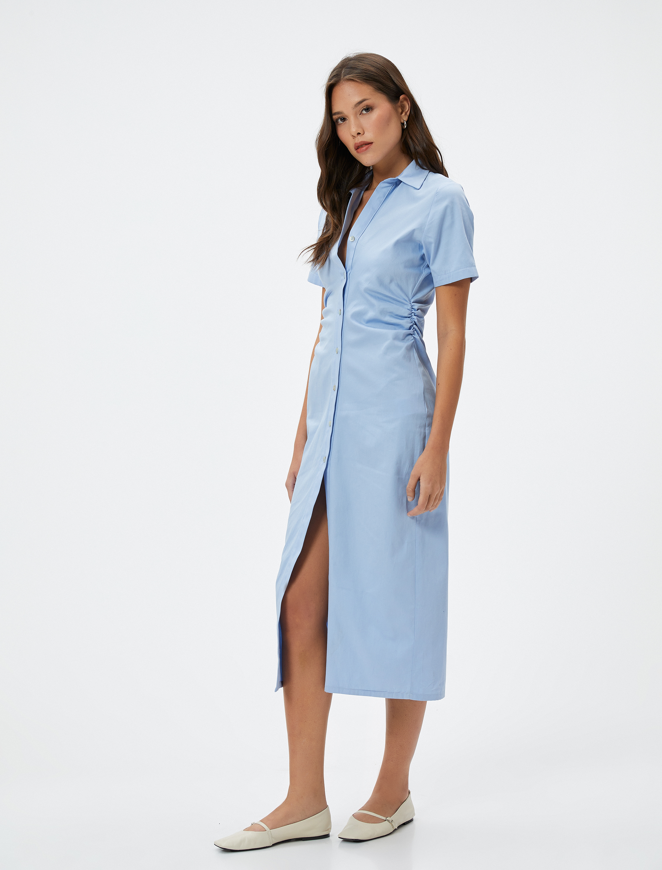   Midi Gömlek Elbise Düğmeli Drapeli Büzgülü Kısa Kollu