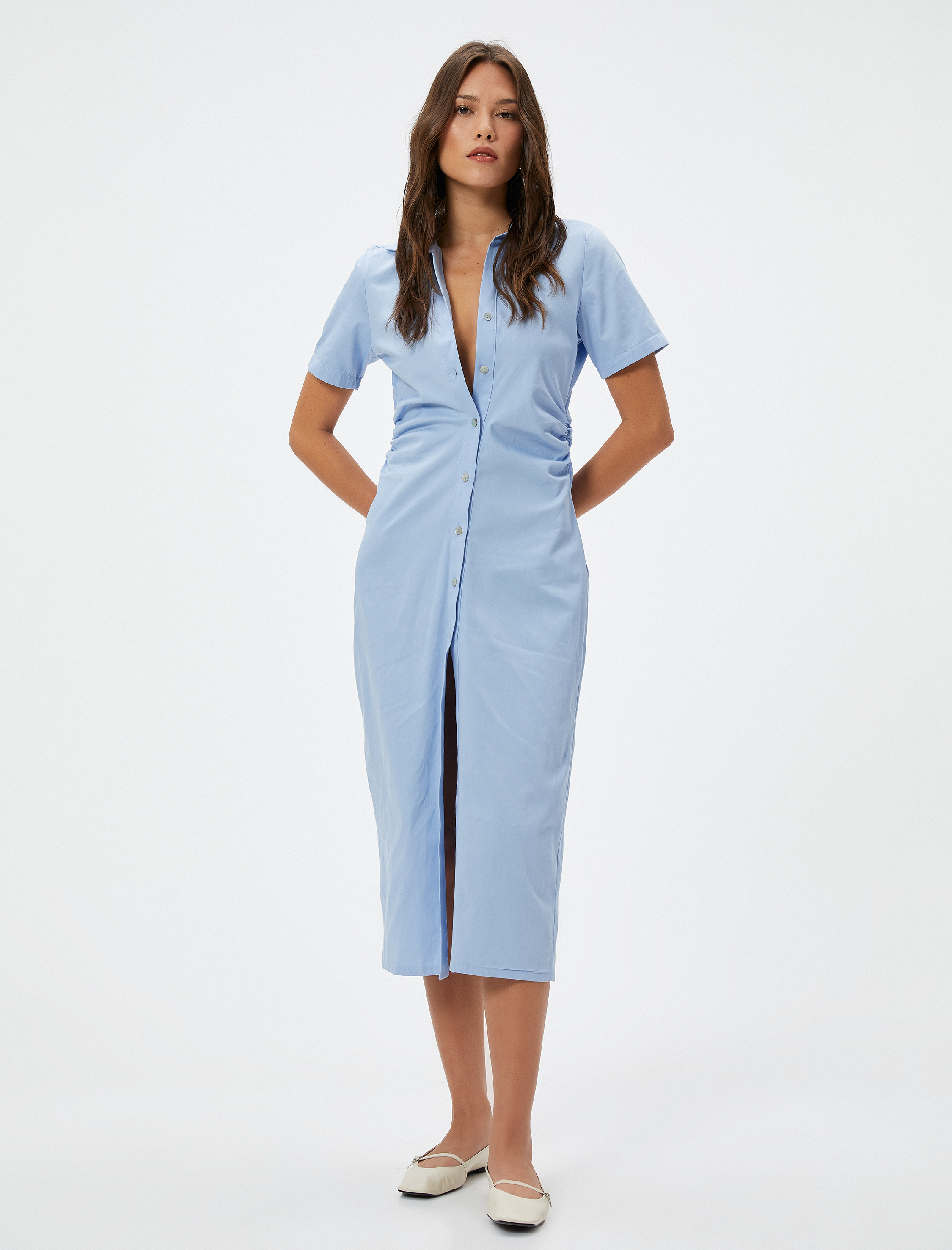   Midi Gömlek Elbise Düğmeli Drapeli Büzgülü Kısa Kollu