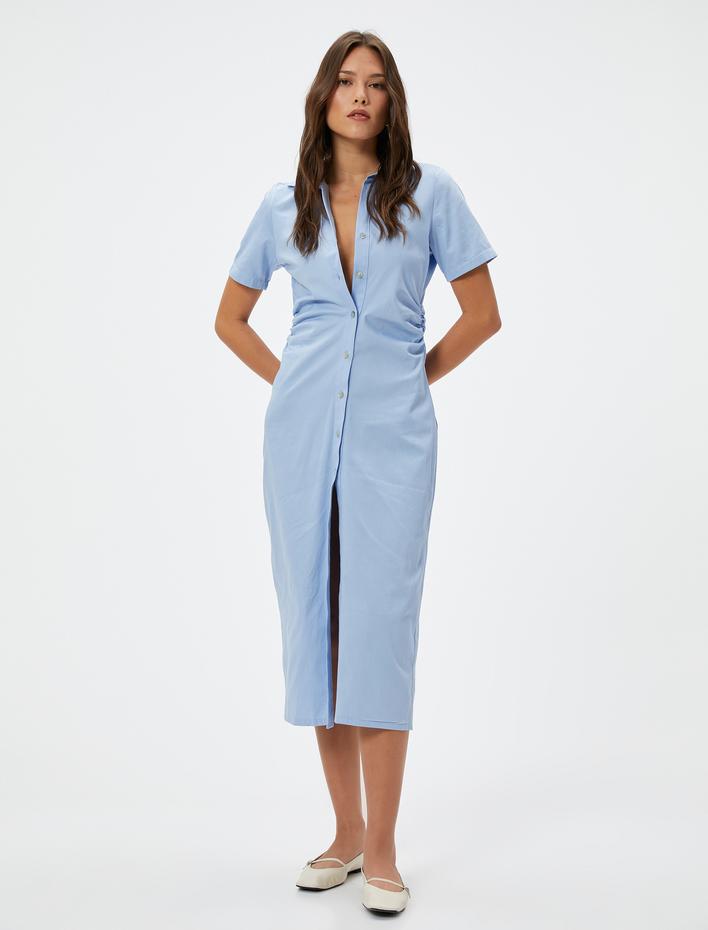  Midi Gömlek Elbise Düğmeli Drapeli Büzgülü Kısa Kollu