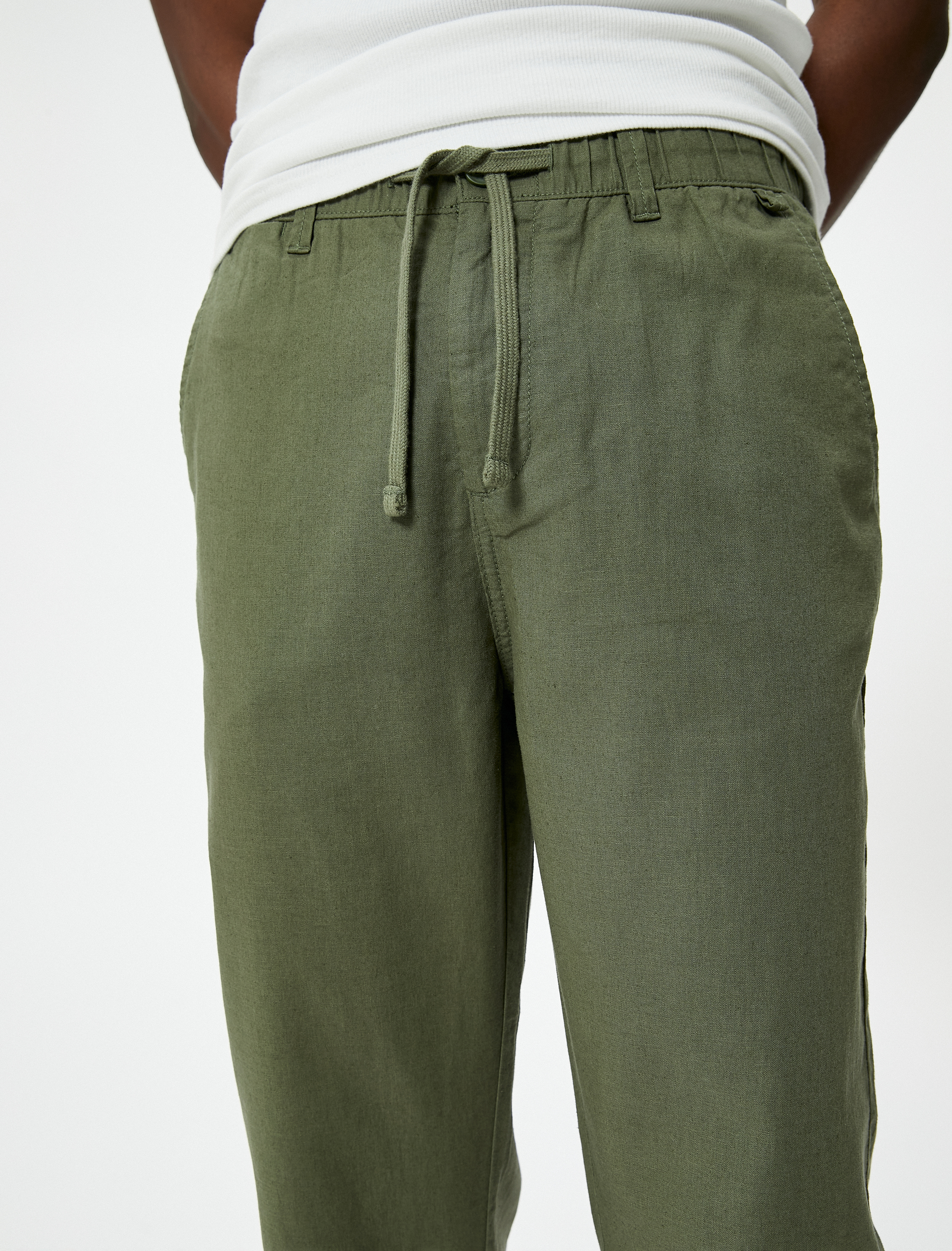 Boyfriend Pantolon Beli Bağcıklı Chino Cep Detaylı Keten Karışımlı