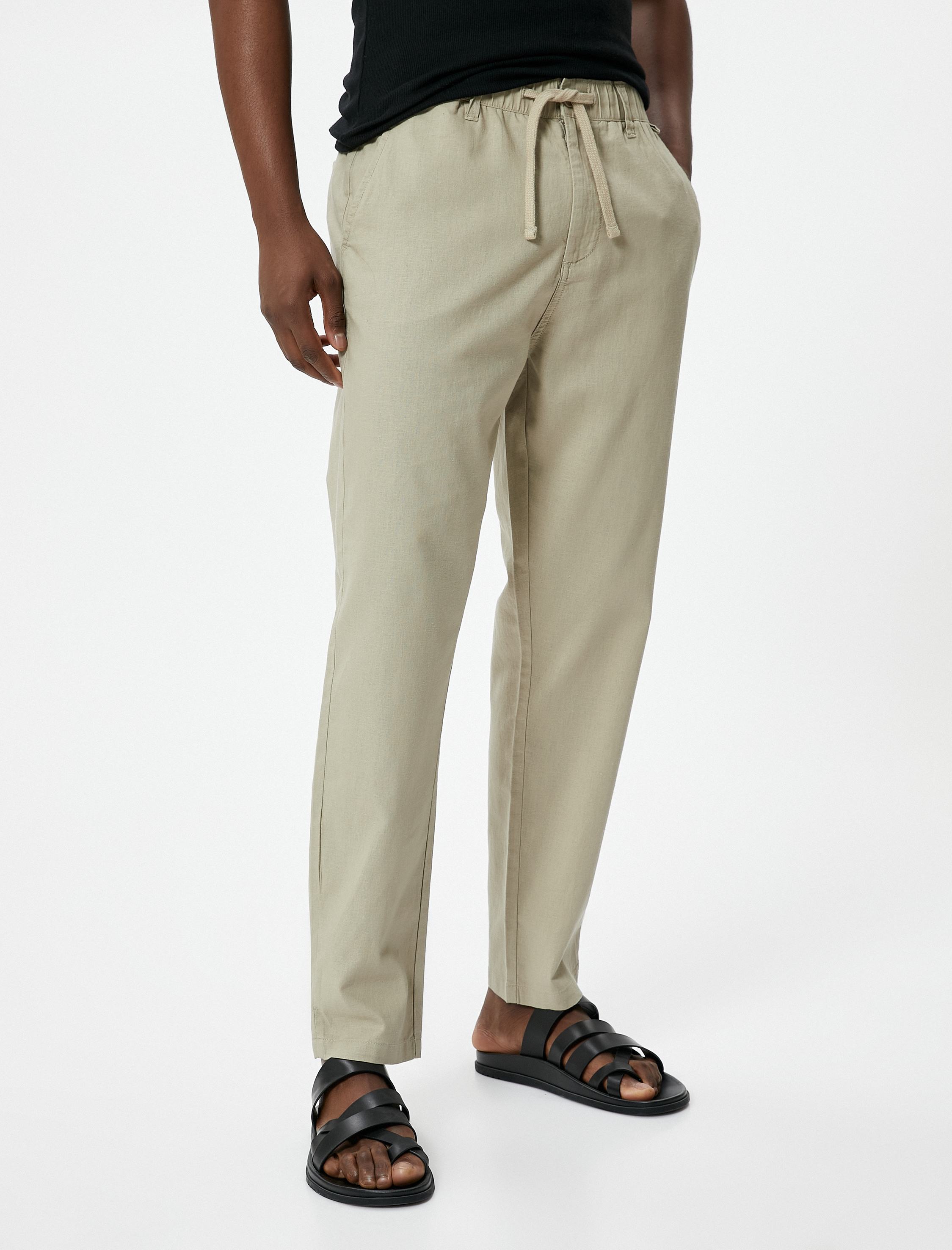   Boyfriend Pantolon Beli Bağcıklı Chino Cep Detaylı Keten Karışımlı