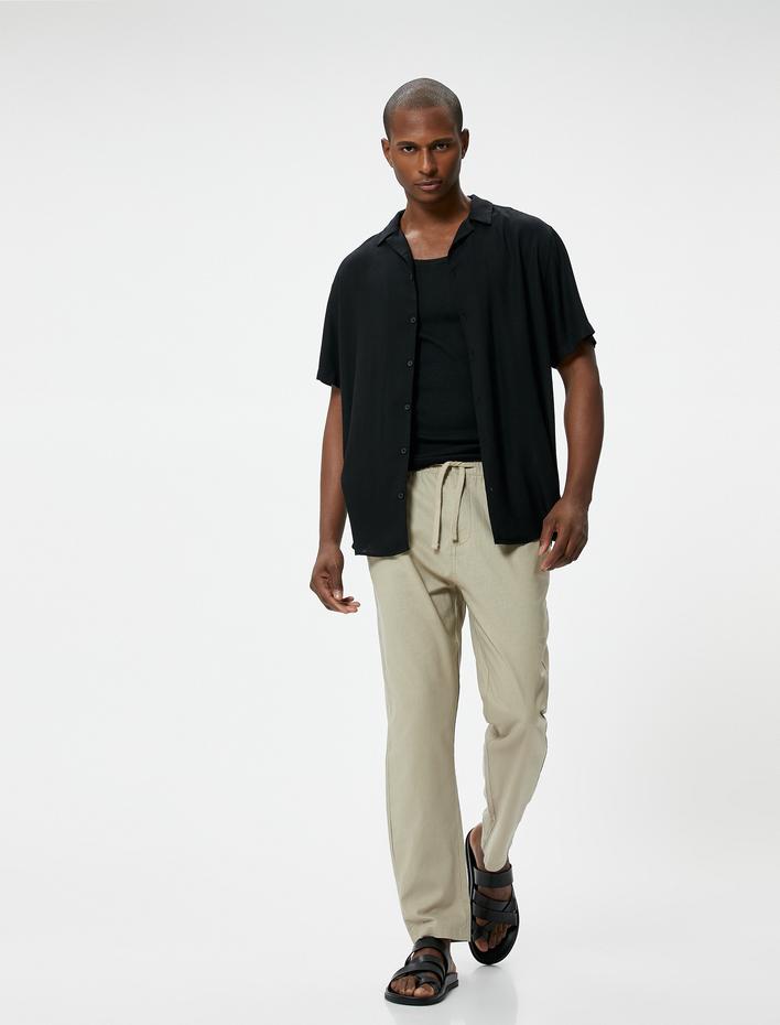  Boyfriend Pantolon Beli Bağcıklı Chino Cep Detaylı Keten Karışımlı