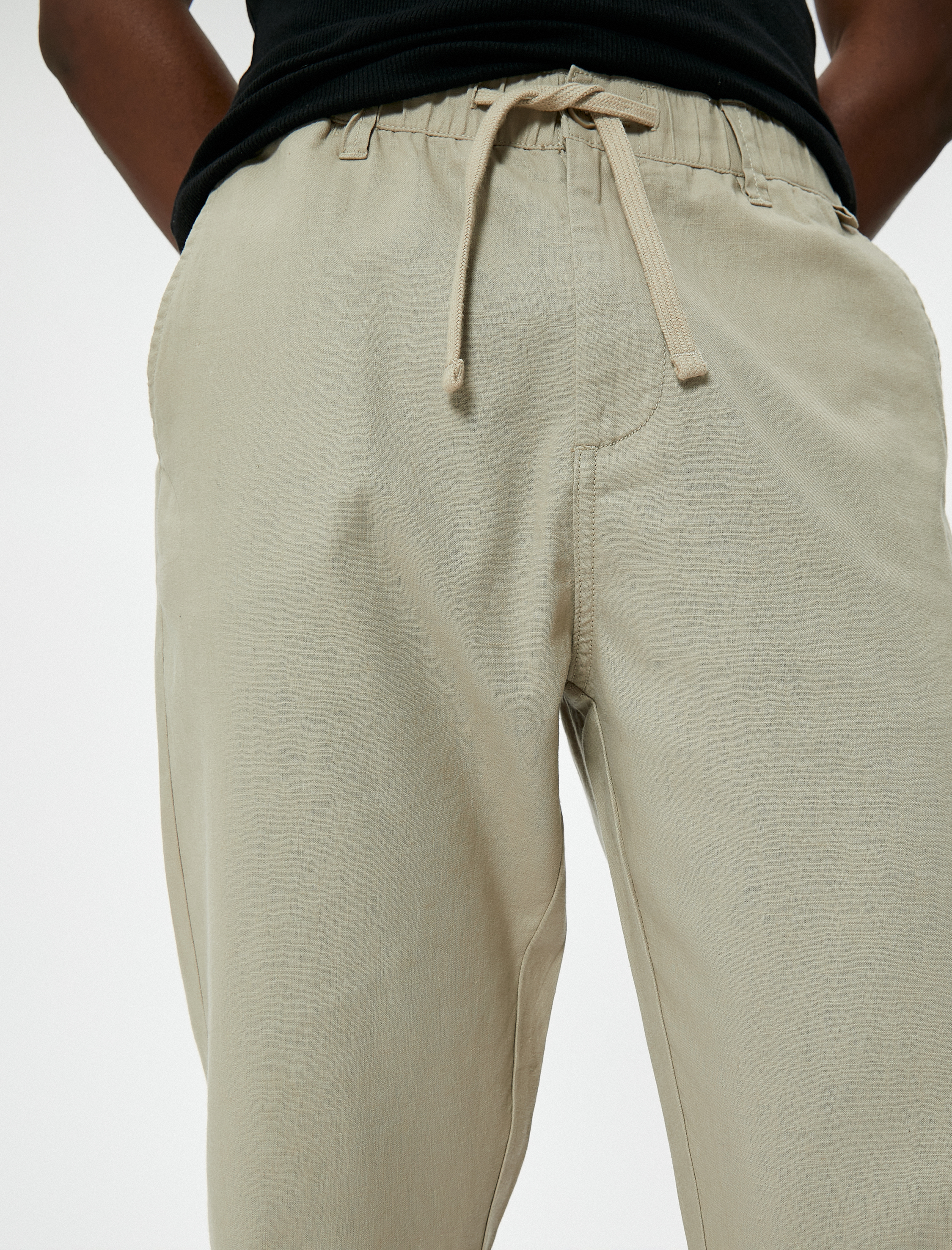   Boyfriend Pantolon Beli Bağcıklı Chino Cep Detaylı Keten Karışımlı